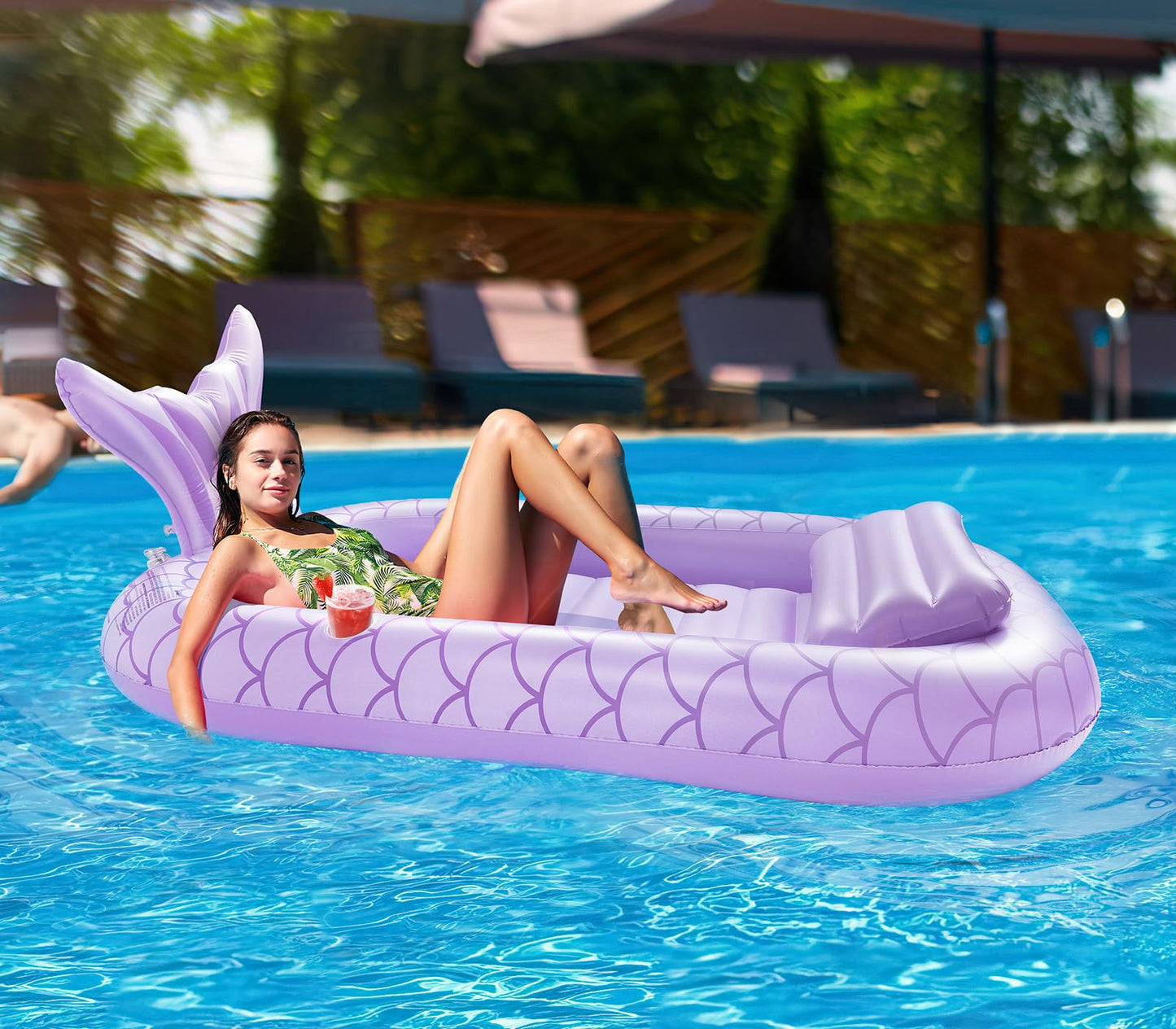 HeySplash Inflatable Tanning Lounger Float – Purple Pool Float for Adults with Cup Holders