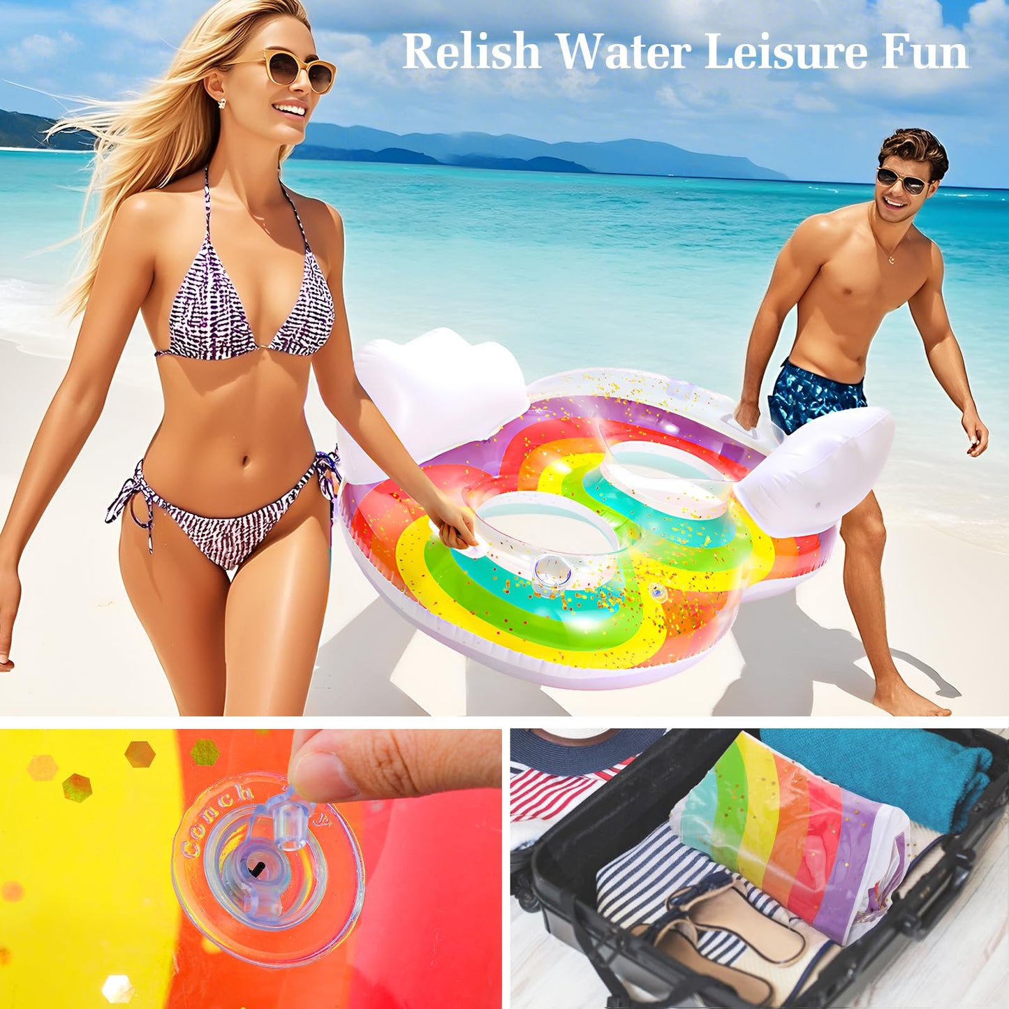 HeySplash Rainbow Pool Float for Adults — 2-Seat Inflatable Lounge with Cloud Backrests