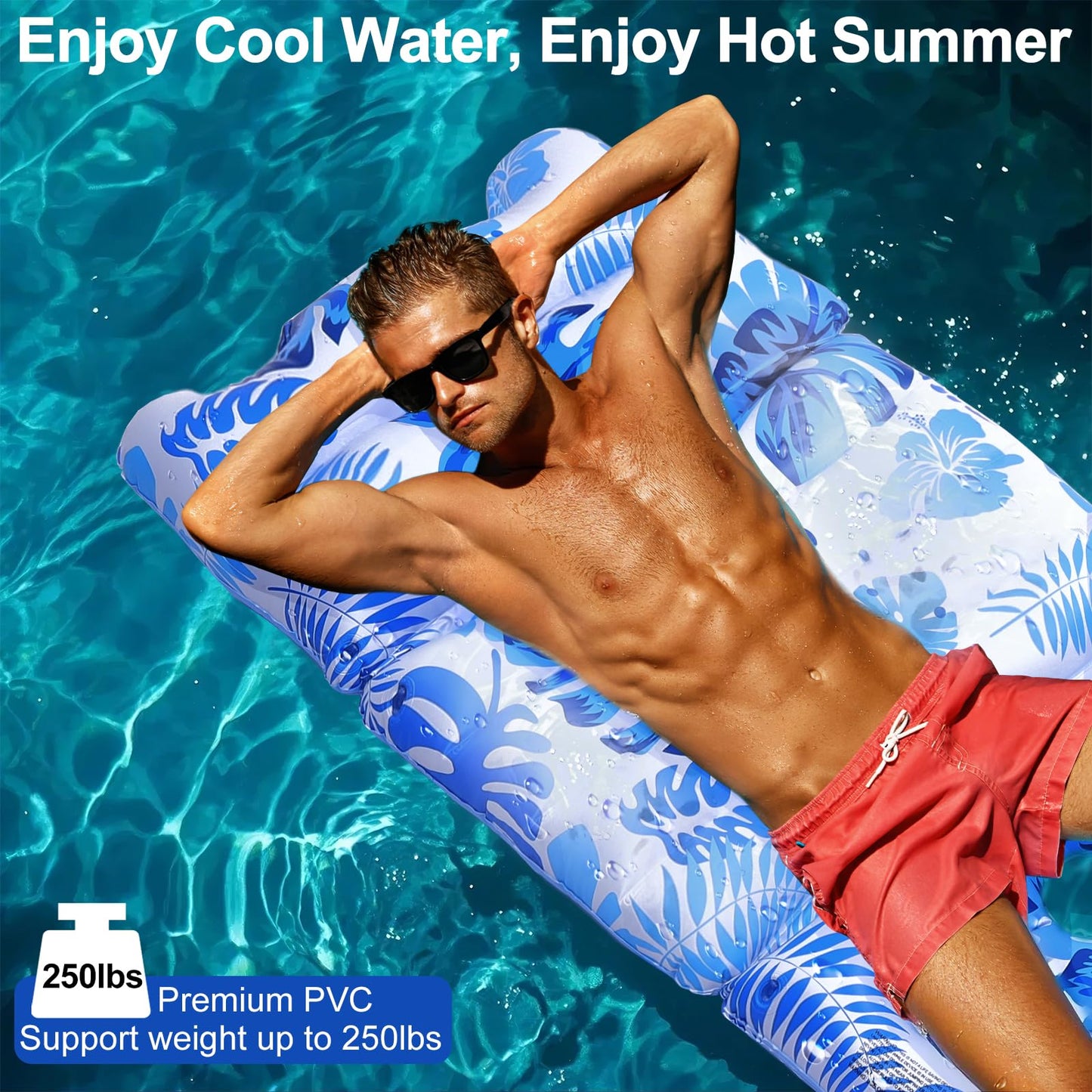 HeySplash Pool Lounger Float – Adjustable Backrest, Cup Holder, 250 lb Capacity | Blue Palm Leaf