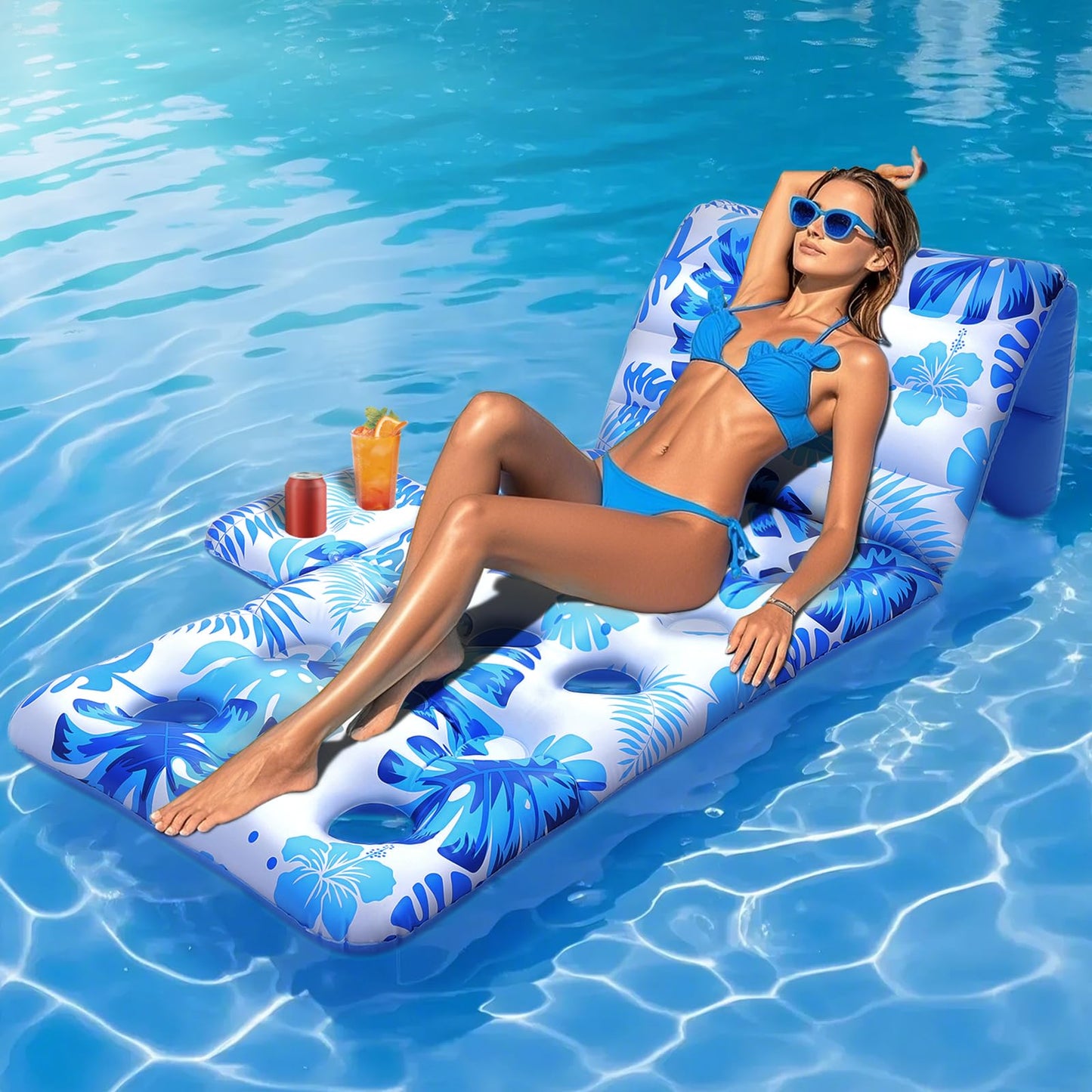 HeySplash Pool Lounger Float – Adjustable Backrest, Cup Holder, 250 lb Capacity | Blue Palm Leaf