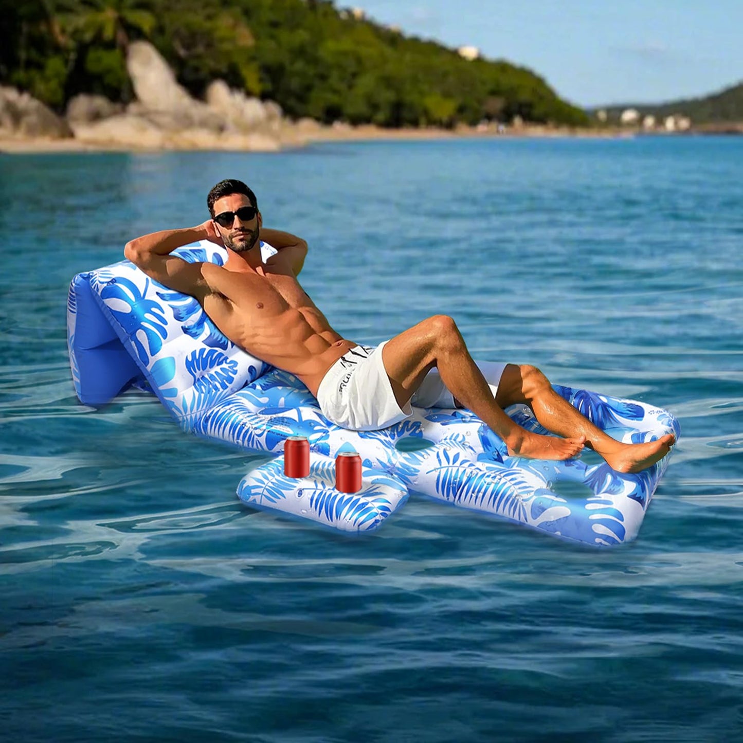 HeySplash Pool Lounger Float – Adjustable Backrest, Cup Holder, 250 lb Capacity | Blue Palm Leaf