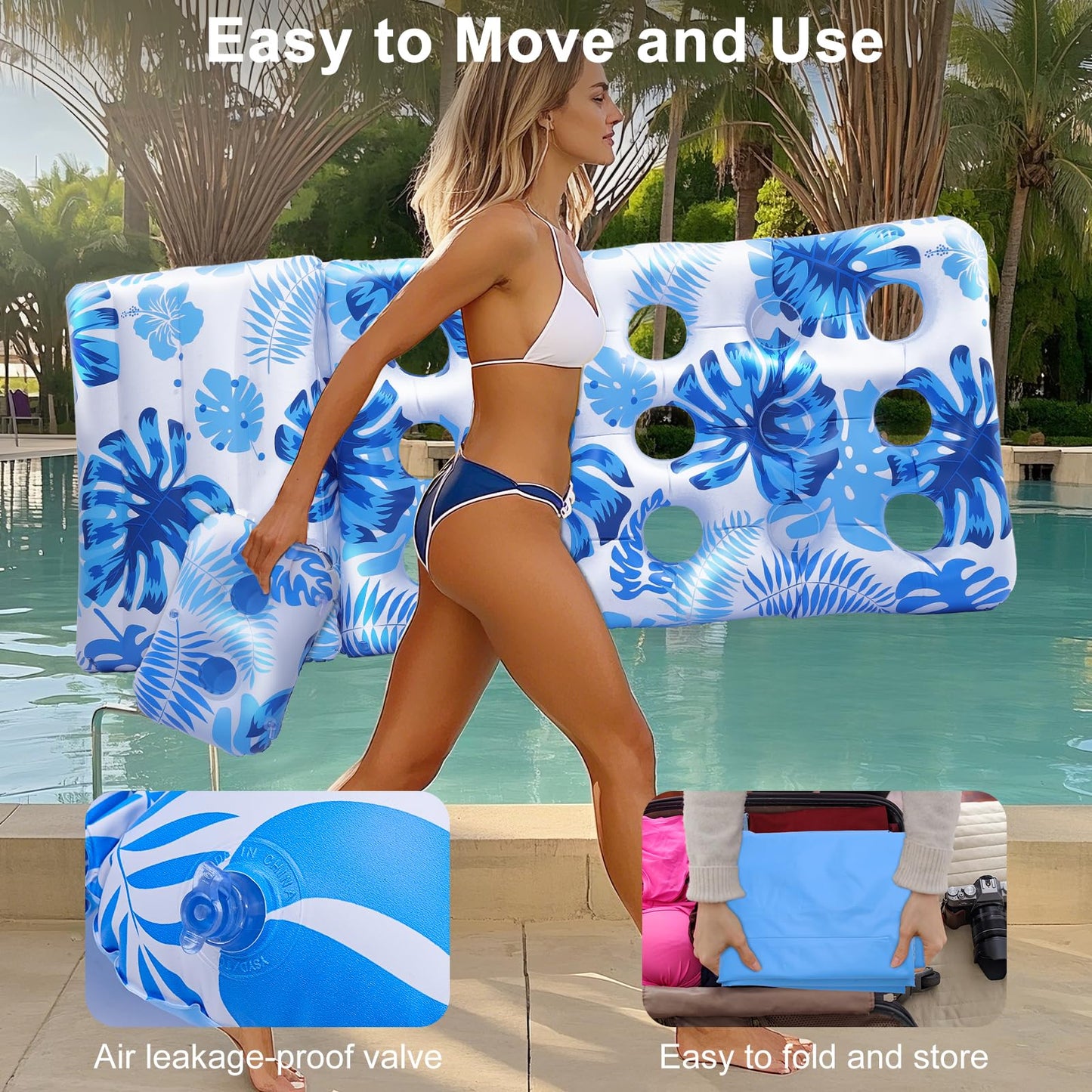 HeySplash Pool Lounger Float – Adjustable Backrest, Cup Holder, 250 lb Capacity | Blue Palm Leaf
