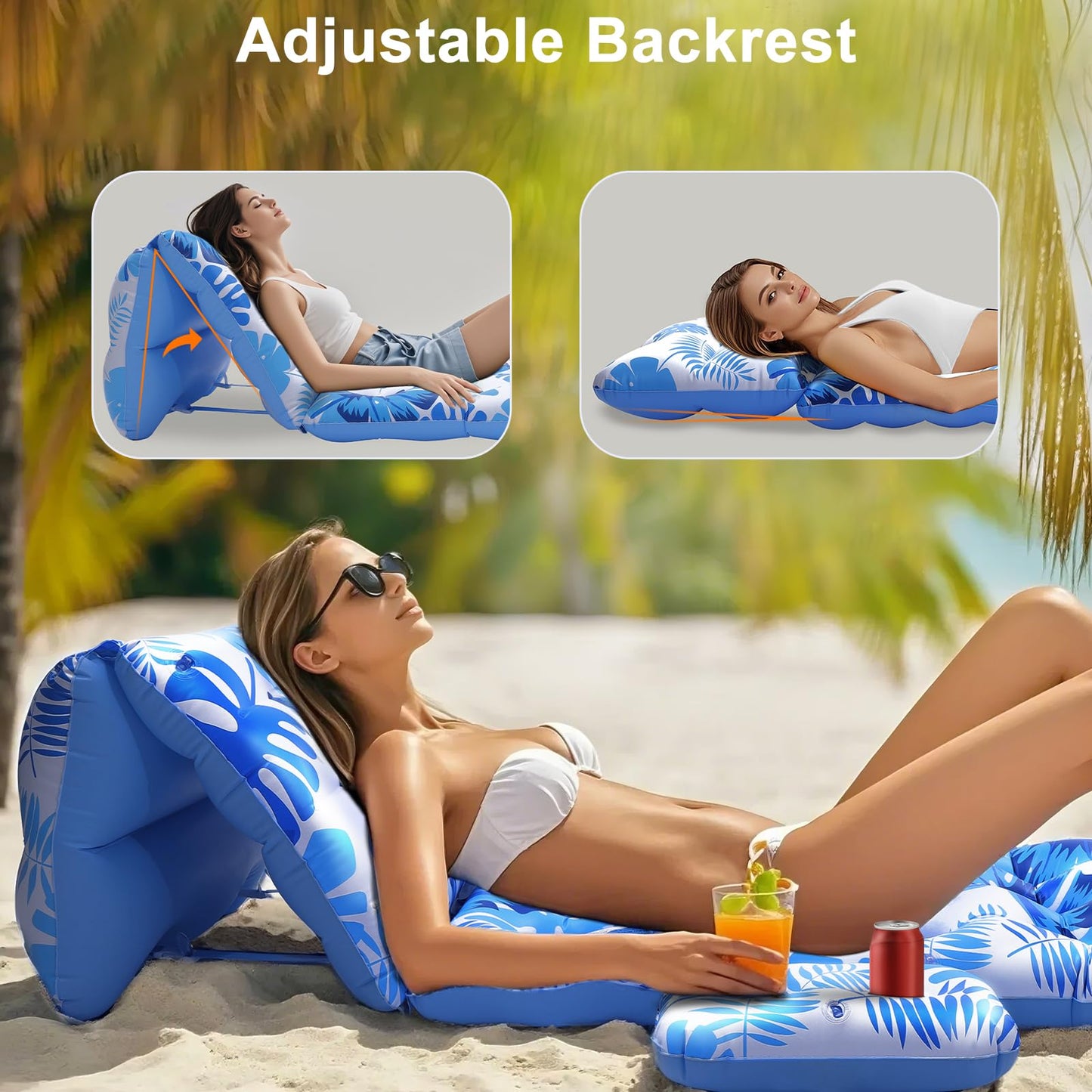 HeySplash Pool Lounger Float – Adjustable Backrest, Cup Holder, 250 lb Capacity | Blue Palm Leaf