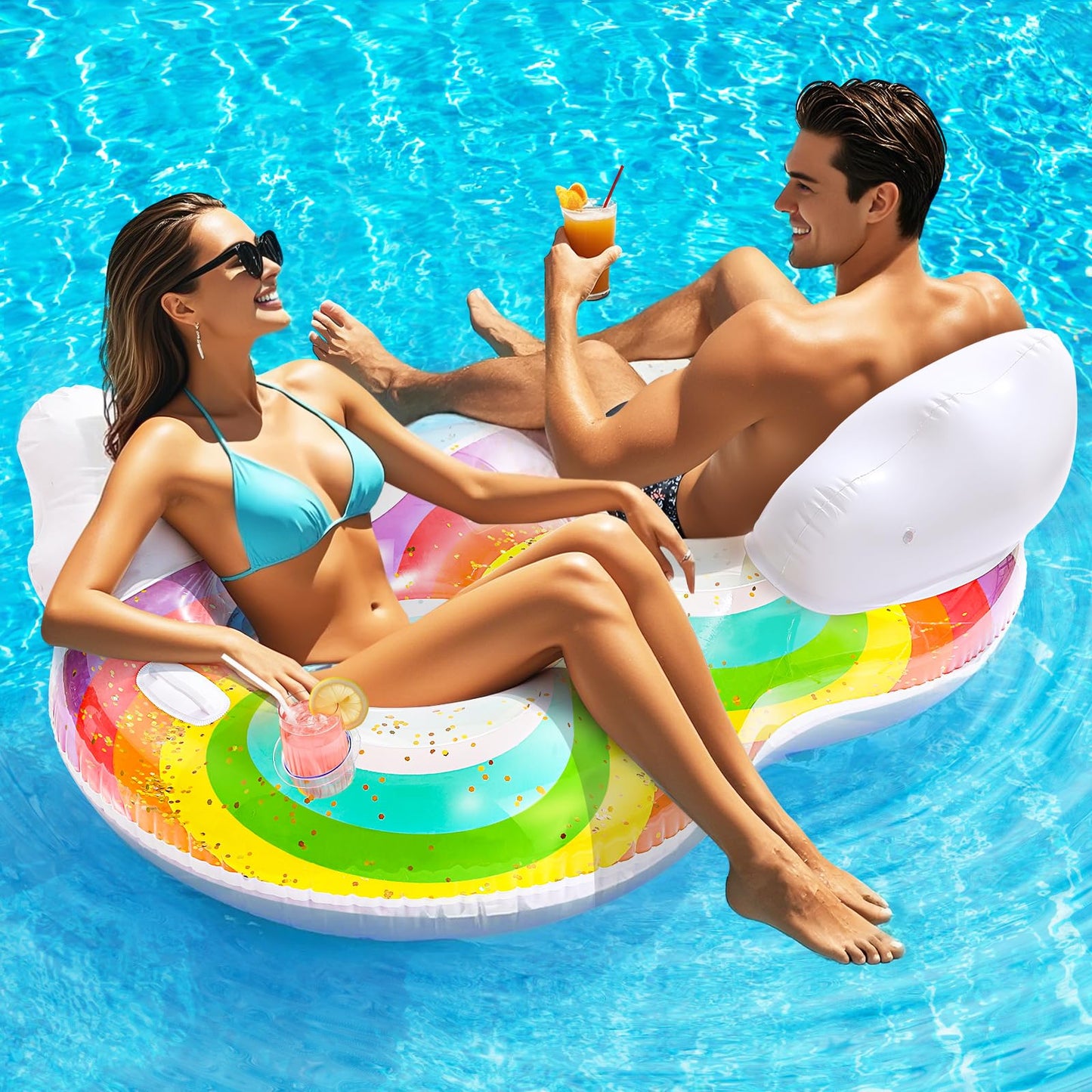 HeySplash Rainbow Pool Float for Adults — 2-Seat Inflatable Lounge with Cloud Backrests
