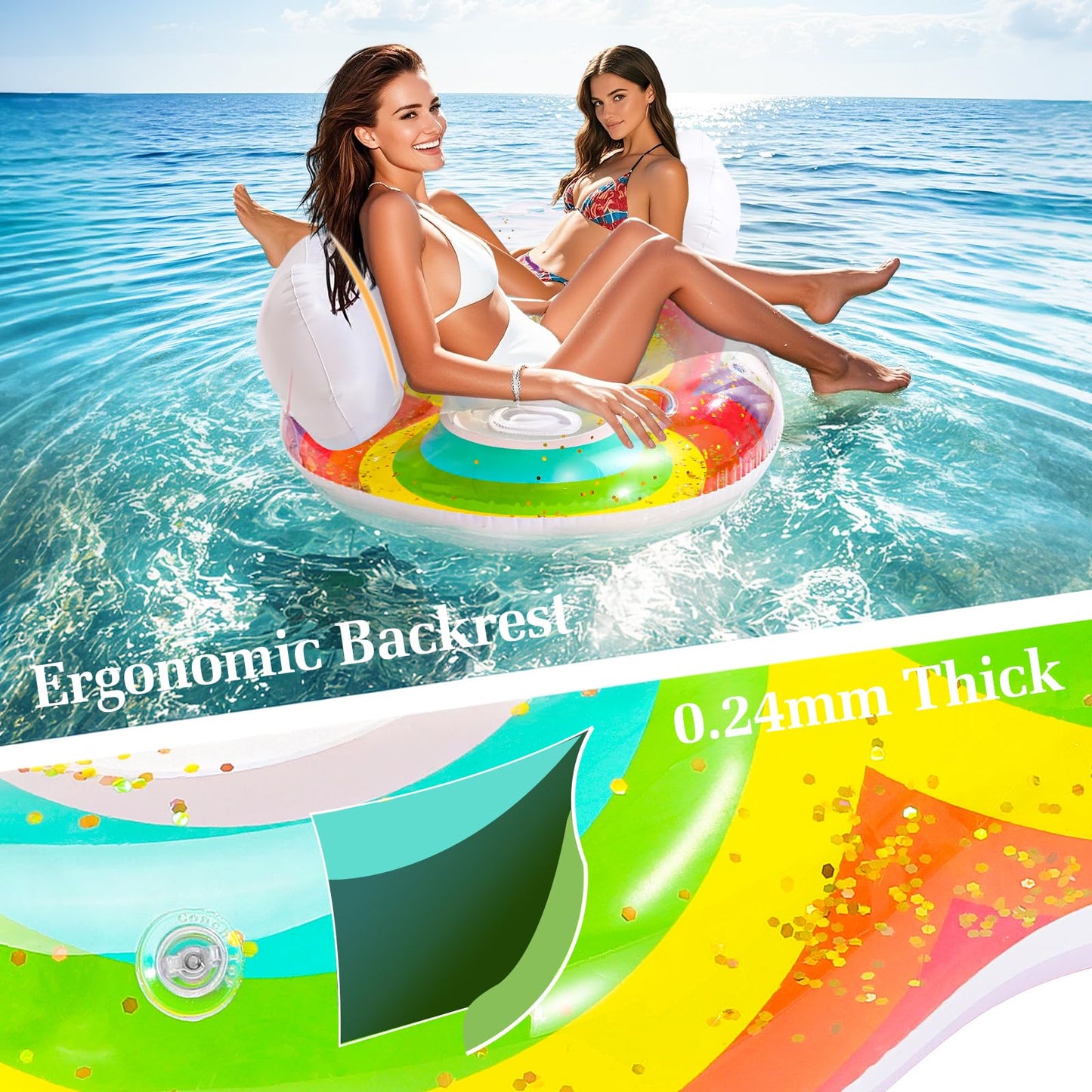 HeySplash Rainbow Pool Float for Adults — 2-Seat Inflatable Lounge with Cloud Backrests