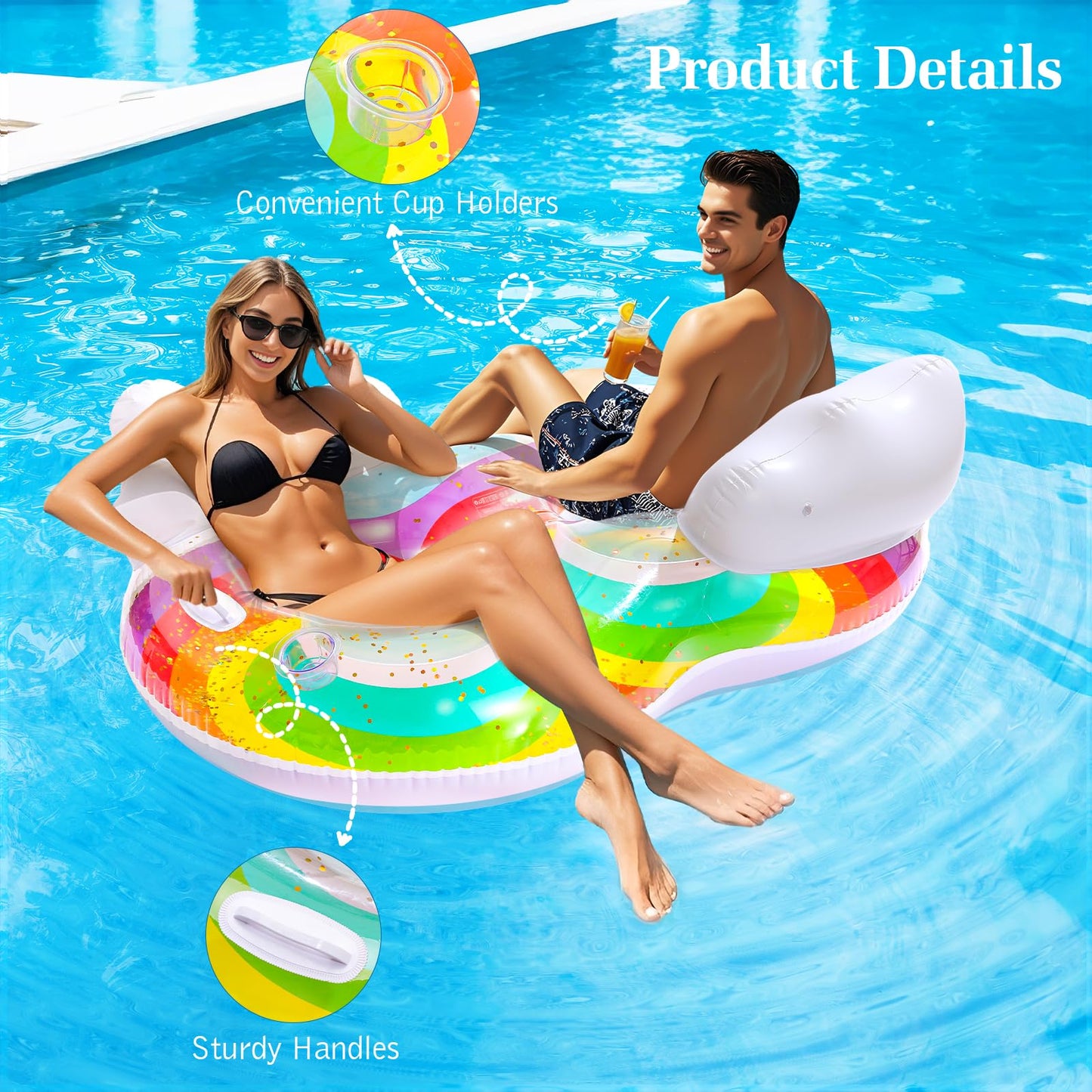 HeySplash Rainbow Pool Float for Adults — 2-Seat Inflatable Lounge with Cloud Backrests