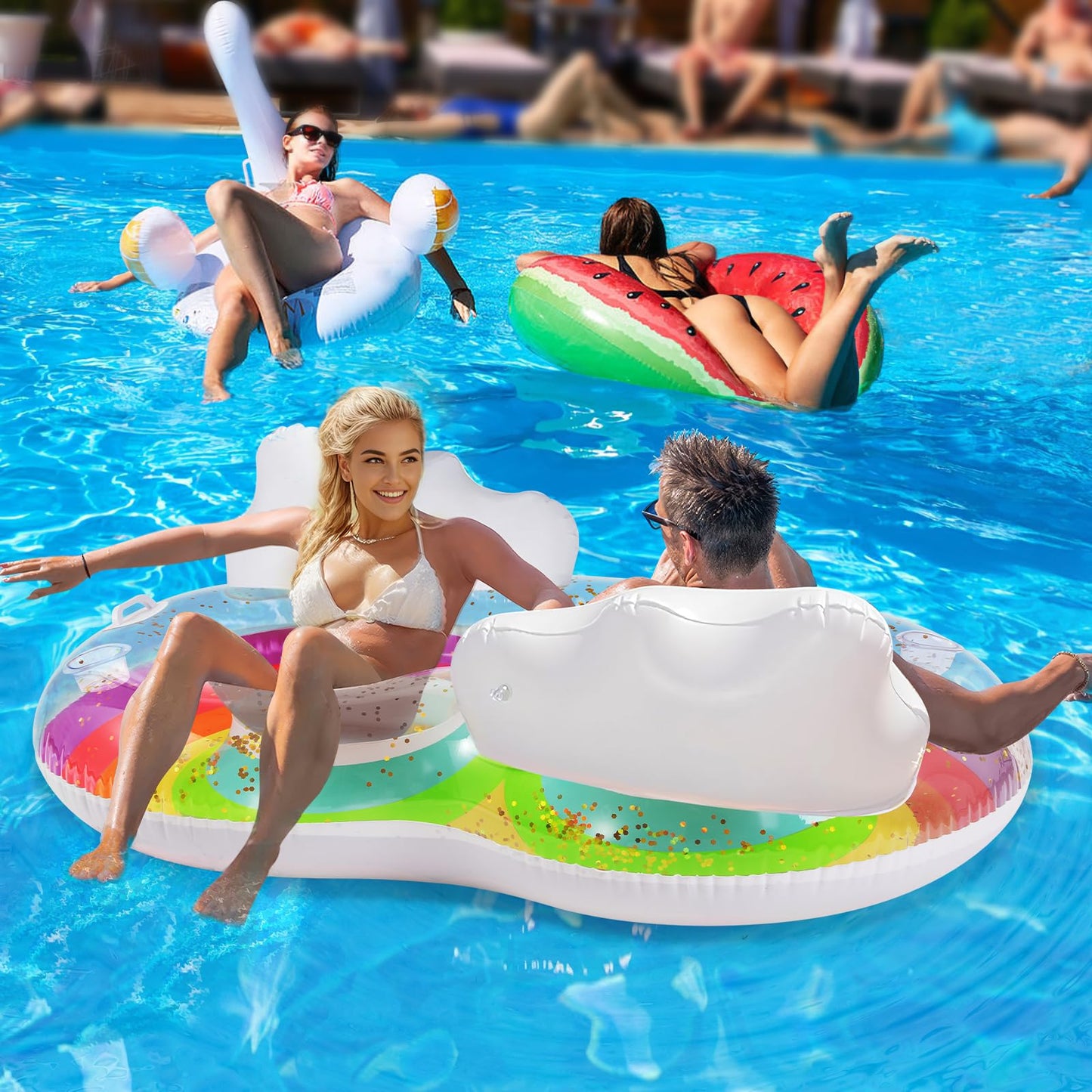 HeySplash Rainbow Pool Float for Adults — 2-Seat Inflatable Lounge with Cloud Backrests