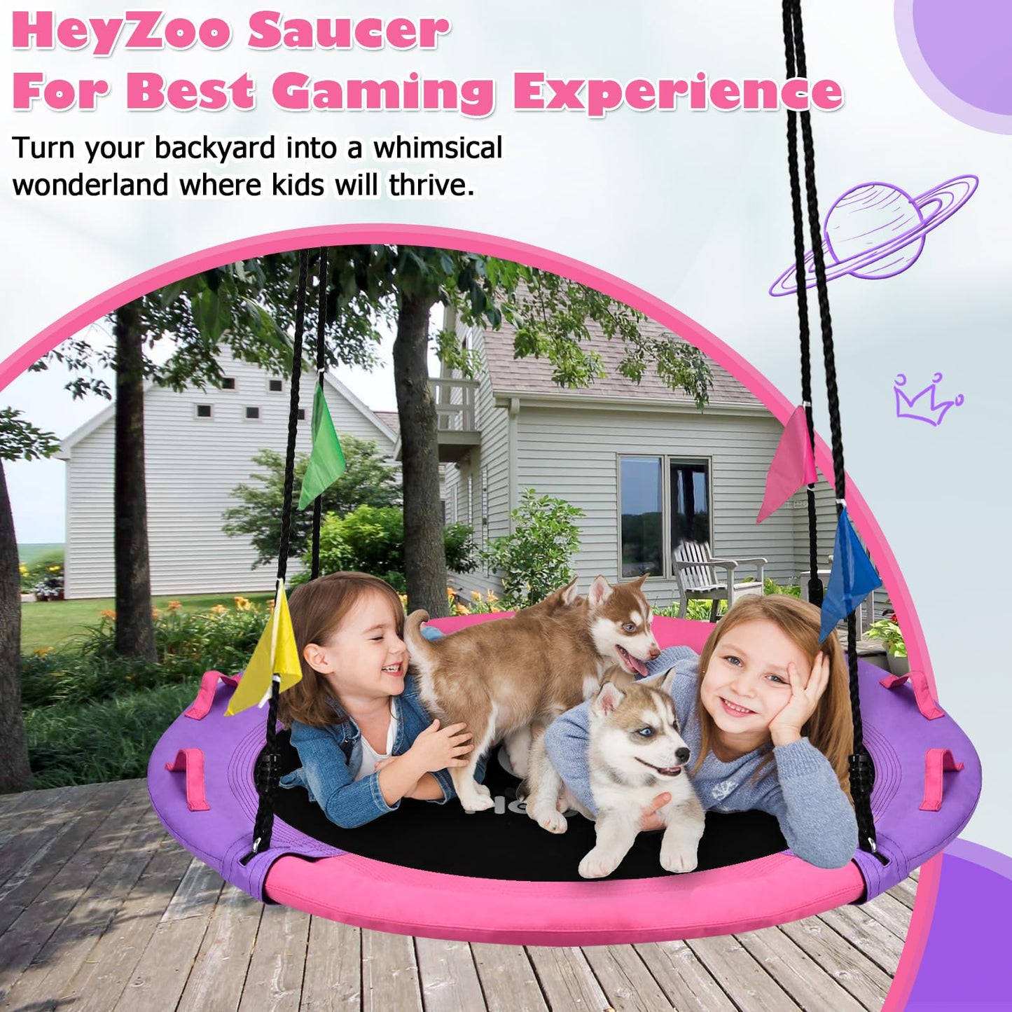 HeyZoo 43-Inch Saucer Swing – 900 lbs Capacity, 360° Swivel, Pink & Purple