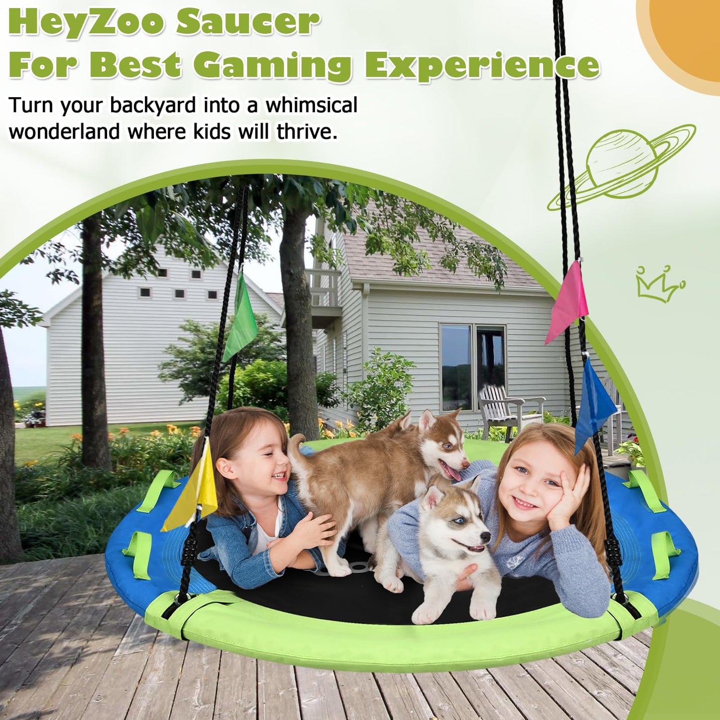 HeyZoo 43 Inch Saucer Swing – 900 lbs Capacity, 360° Swivel, All-Weather Outdoor Swing (Green/Blue)