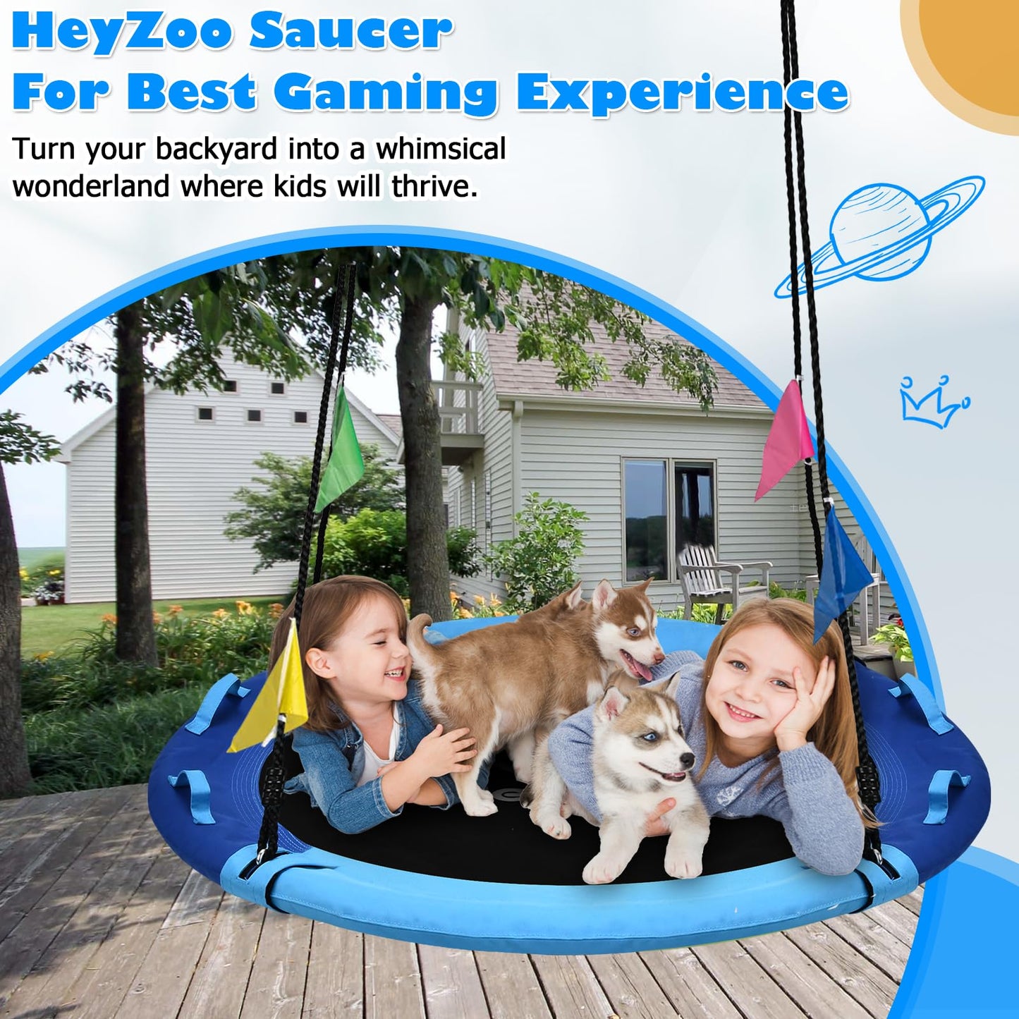 HeyZoo 43-Inch Saucer Swing — 900LBS Capacity, 360° Swivel, For Kids & Adults