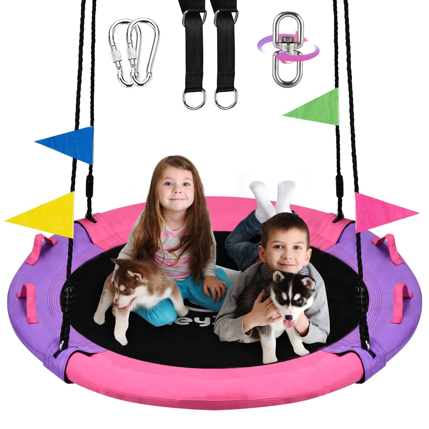 HeyZoo 43-Inch Saucer Swing – 900 lbs Capacity, 360° Swivel, Pink & Purple