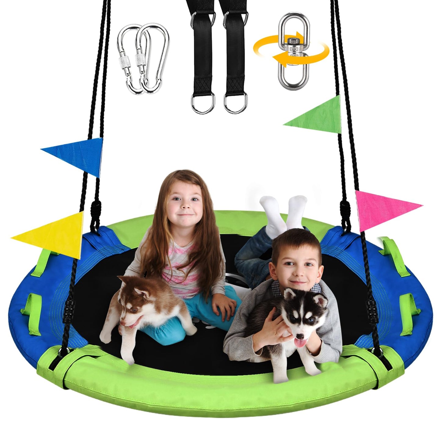 HeyZoo 43 Inch Saucer Swing – 900 lbs Capacity, 360° Swivel, All-Weather Outdoor Swing (Green/Blue)