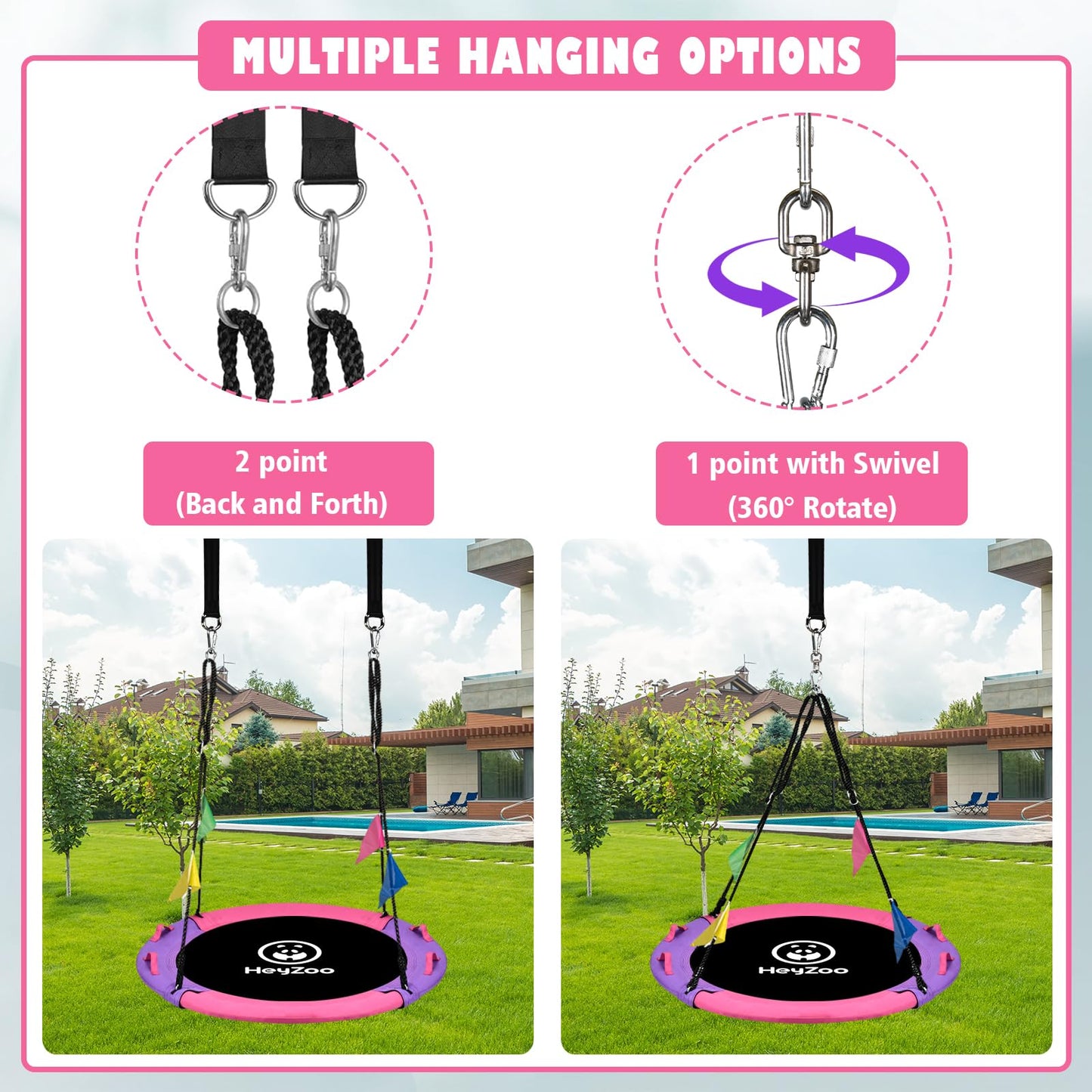 HeyZoo 43-Inch Saucer Swing – 900 lbs Capacity, 360° Swivel, Pink & Purple