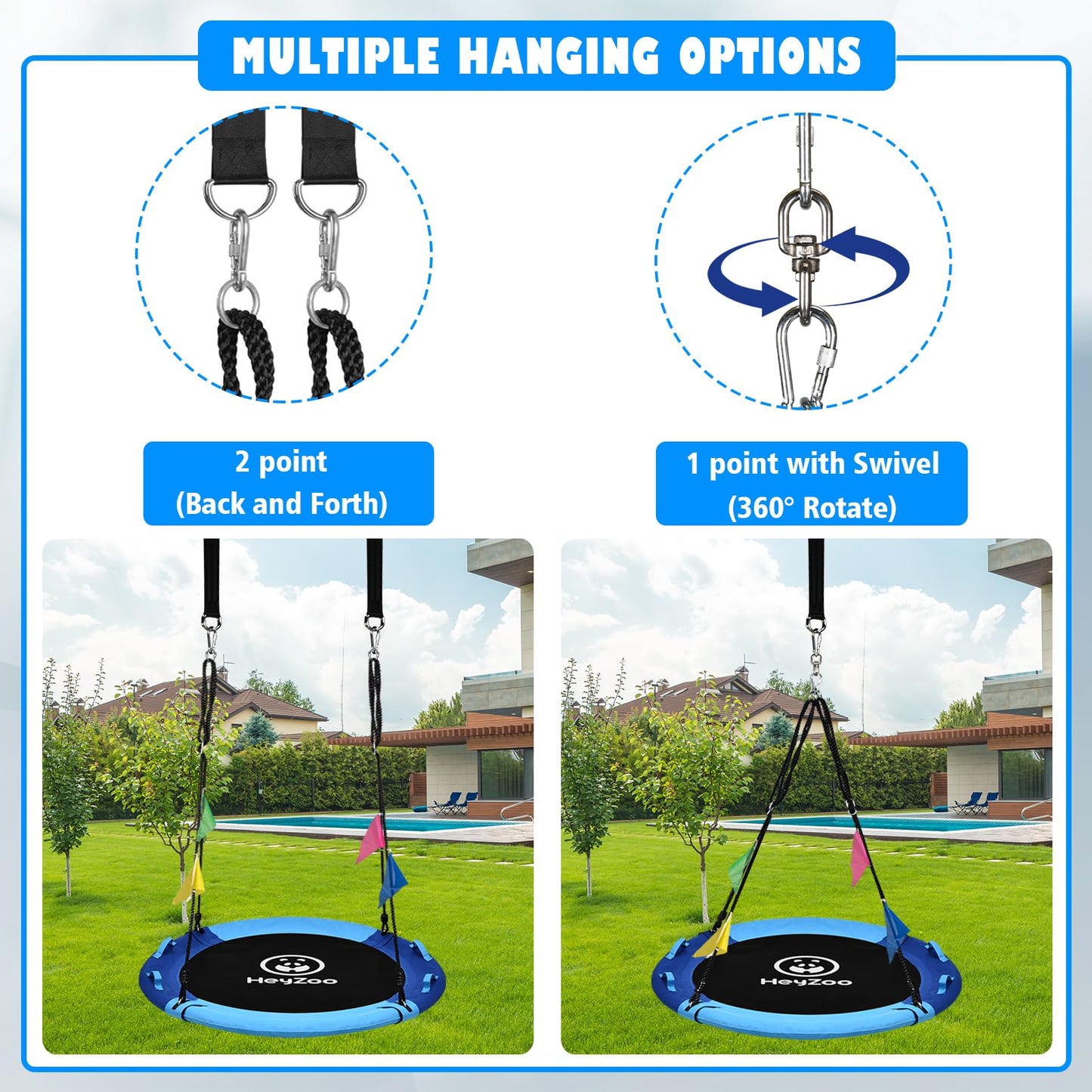 HeyZoo 43-Inch Saucer Swing — 900LBS Capacity, 360° Swivel, For Kids & Adults