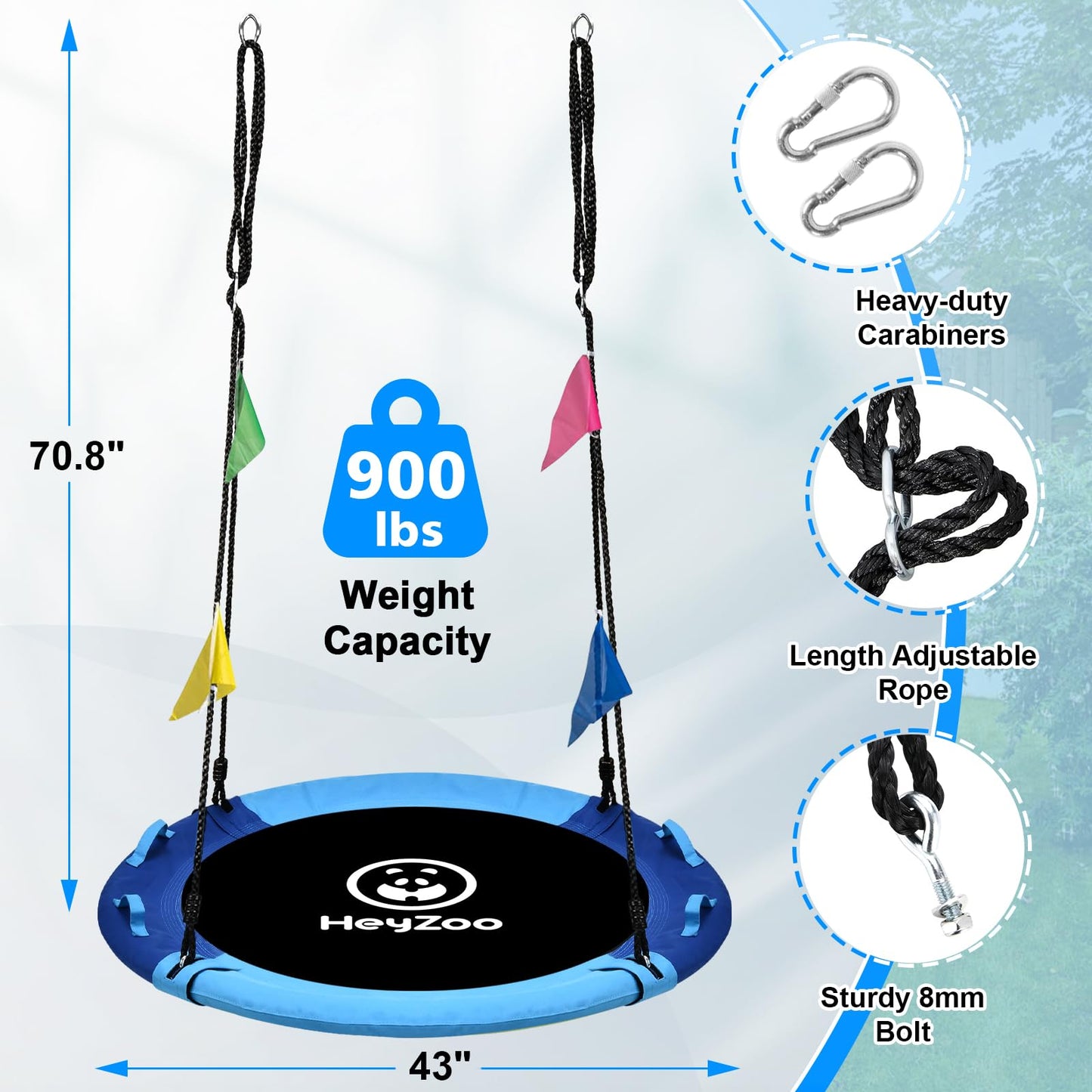 HeyZoo 43-Inch Saucer Swing — 900LBS Capacity, 360° Swivel, For Kids & Adults