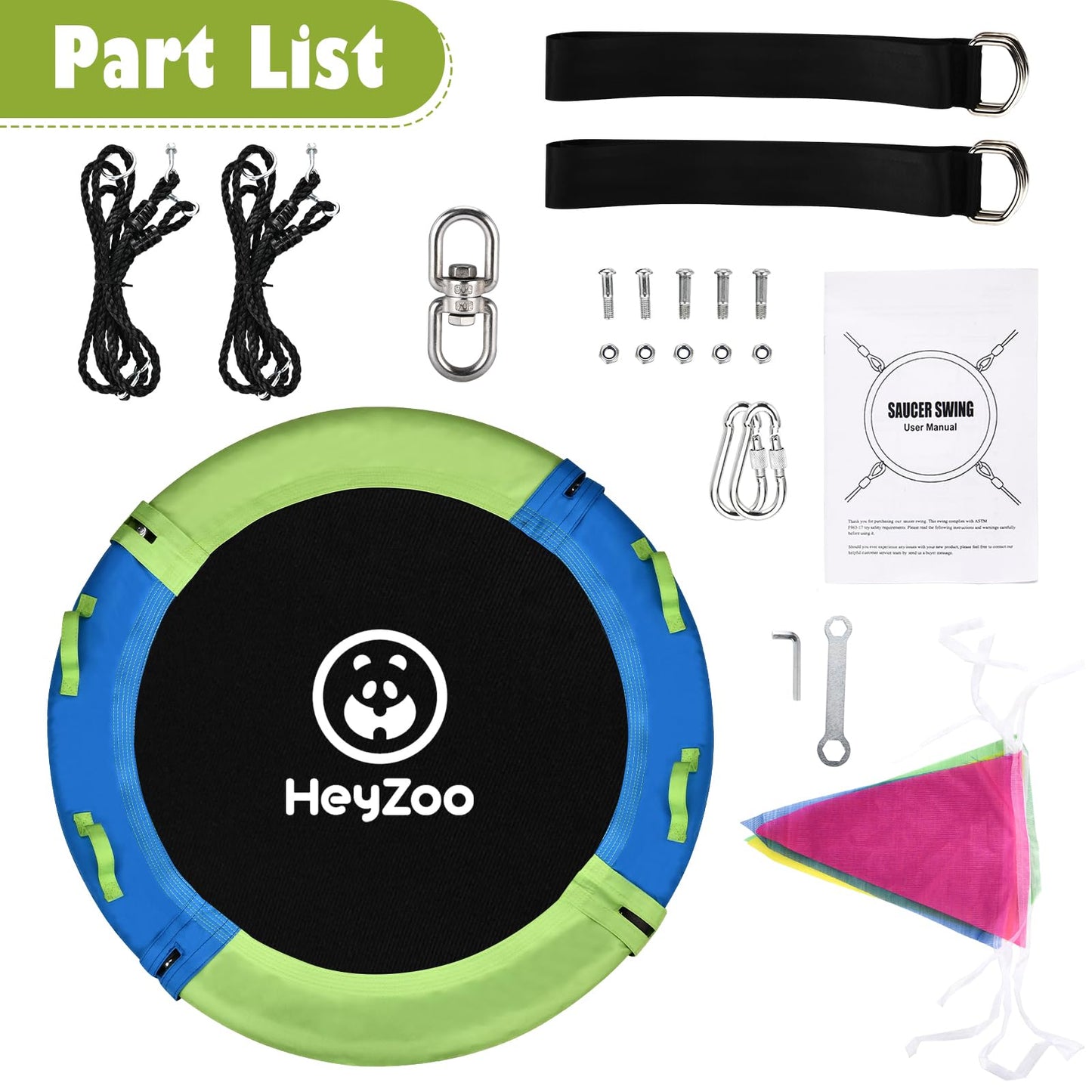 HeyZoo 43 Inch Saucer Swing – 900 lbs Capacity, 360° Swivel, All-Weather Outdoor Swing (Green/Blue)