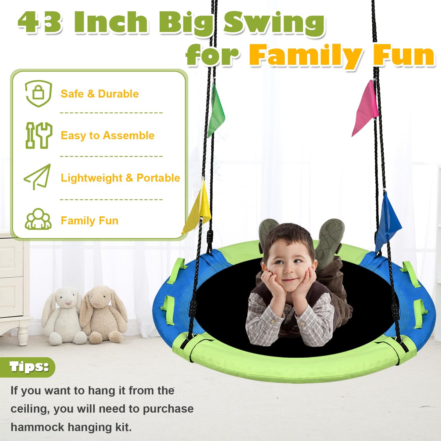 HeyZoo 43 Inch Saucer Swing – 900 lbs Capacity, 360° Swivel, All-Weather Outdoor Swing (Green/Blue)