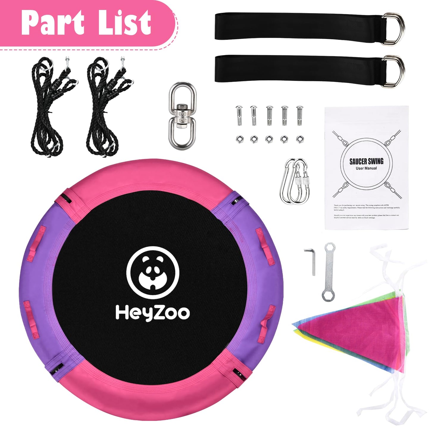 HeyZoo 43-Inch Saucer Swing – 900 lbs Capacity, 360° Swivel, Pink & Purple