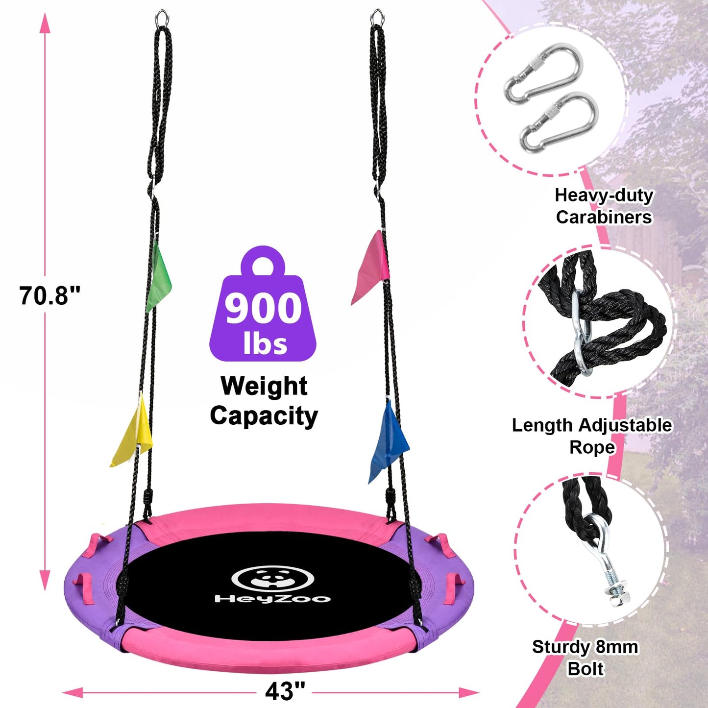 HeyZoo 43-Inch Saucer Swing – 900 lbs Capacity, 360° Swivel, Pink & Purple
