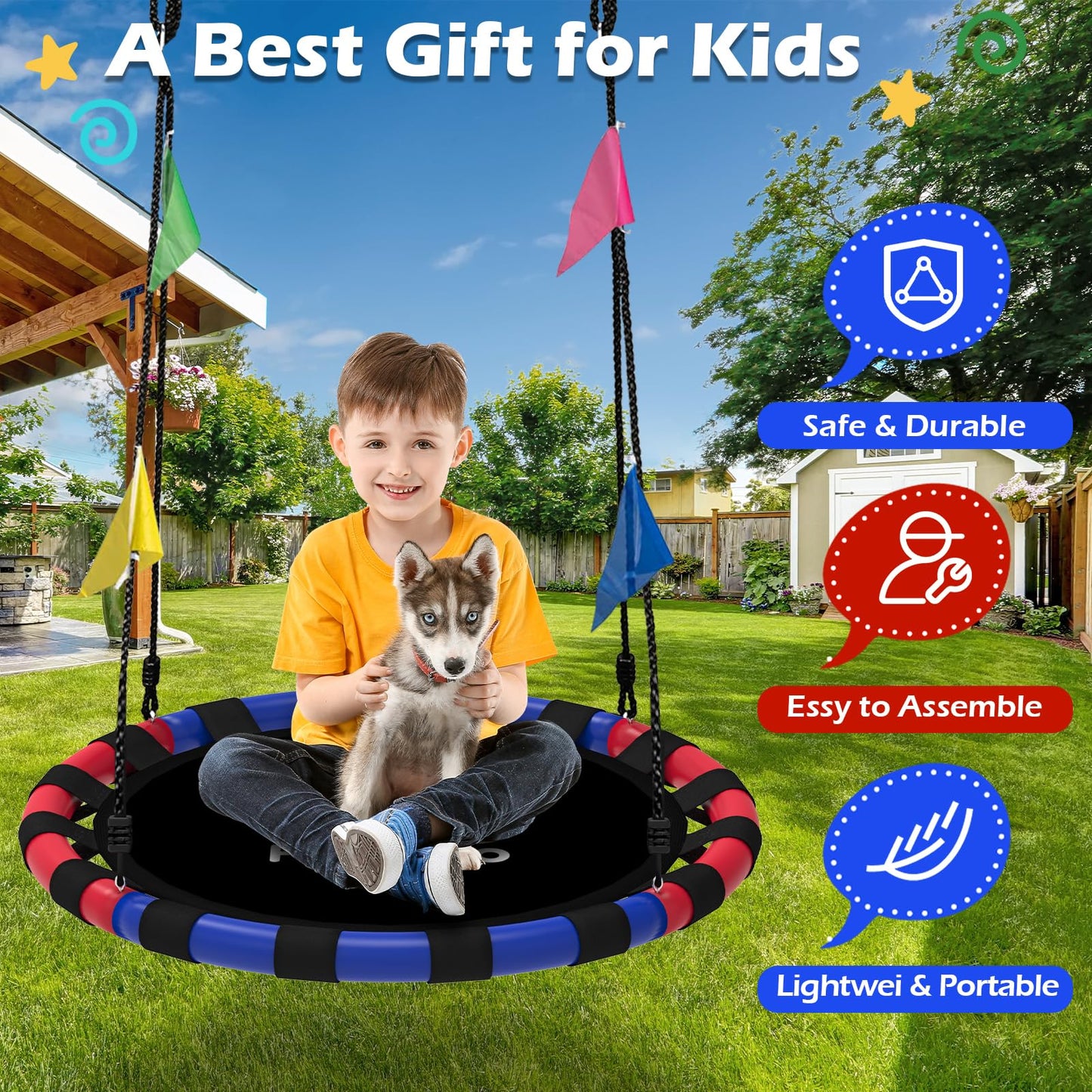 HeyZoo Saucer Swing 24 Inch – 900 lb Capacity, 360 Degree Swivel