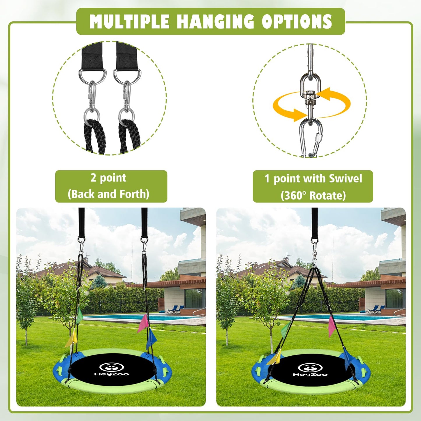 HeyZoo 43 Inch Saucer Swing – 900 lbs Capacity, 360° Swivel, All-Weather Outdoor Swing (Green/Blue)