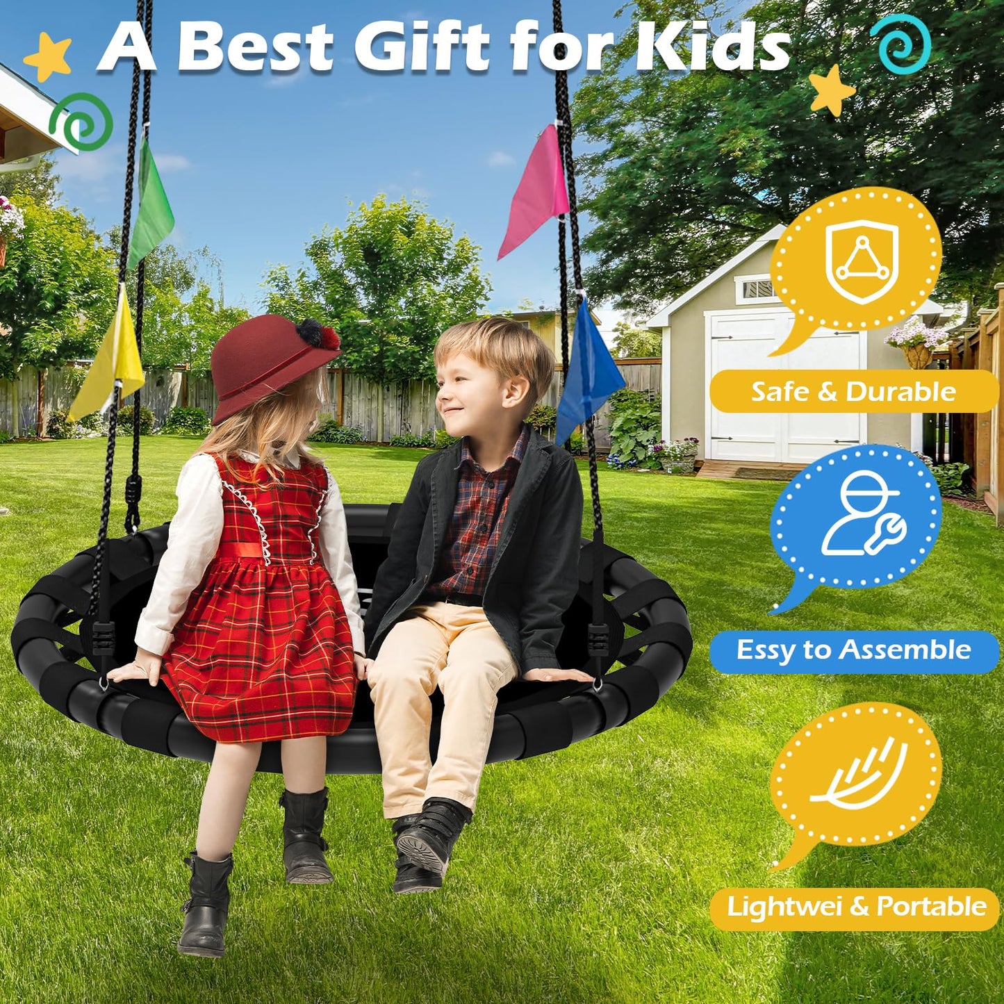 HeyZoo Saucer Swing – 40 Inch Backyard Swing Set with 360° Swivel, 900lbs Capacity, Black