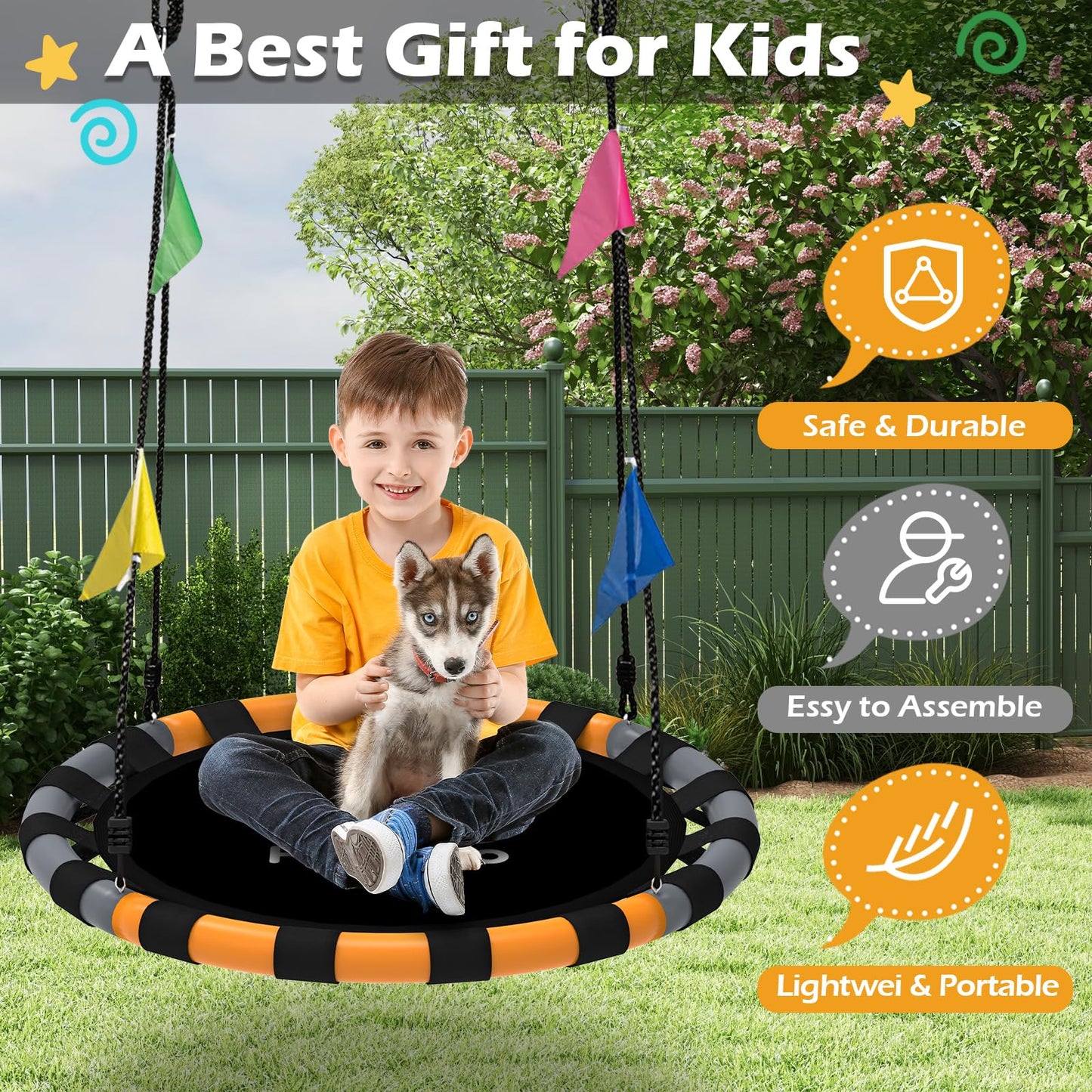 HeyZoo Saucer Swing – 24-Inch Backyard Swing Set, 900lbs, 360° Swivel