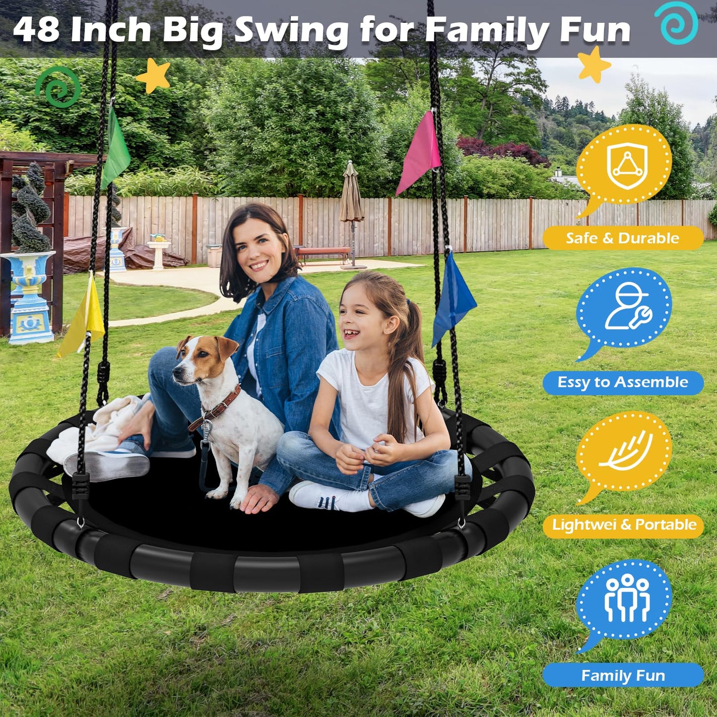 HeyZoo Saucer Swing – 48 Inch Backyard Swing Set, 900lbs Capacity, 360° Swivel, Black