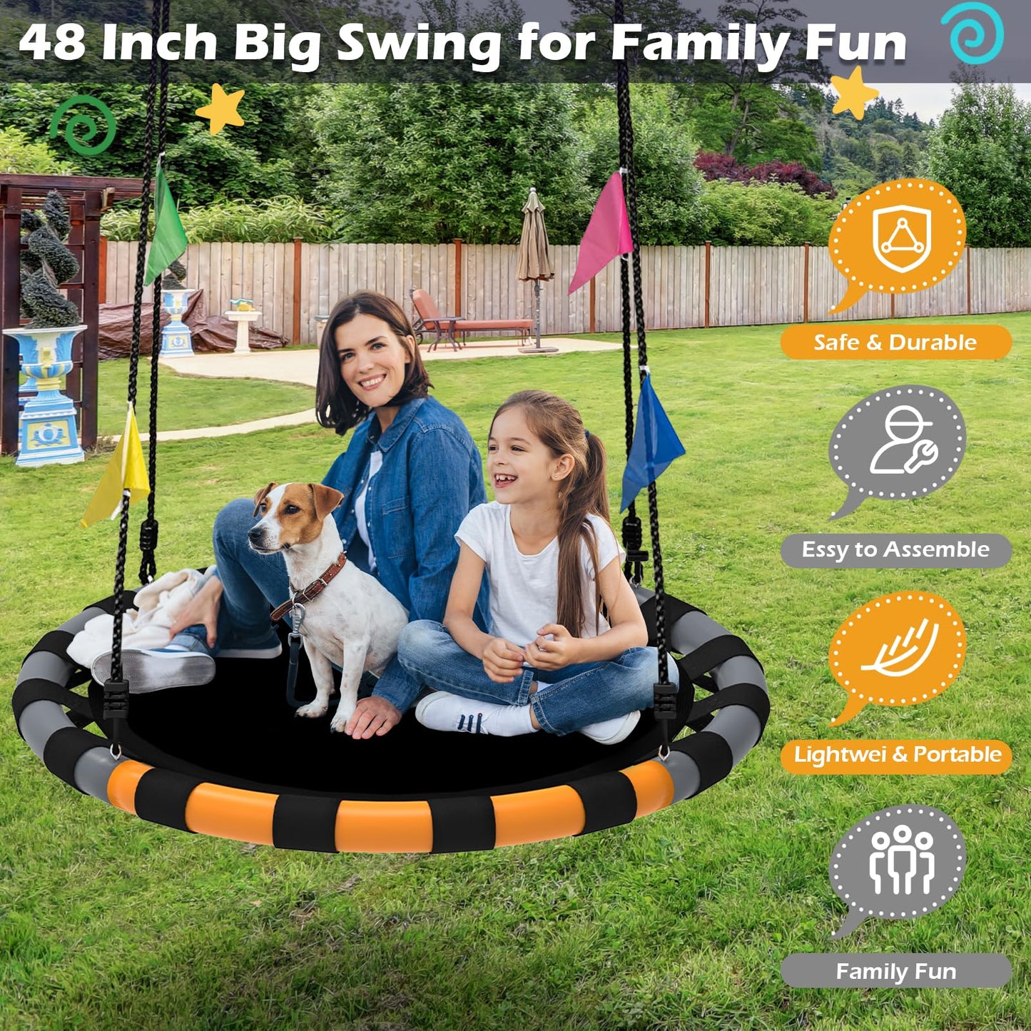 HeyZoo Saucer Swing 48-Inch, 900lb Capacity, 360° Swivel – Outdoor Backyard Swing