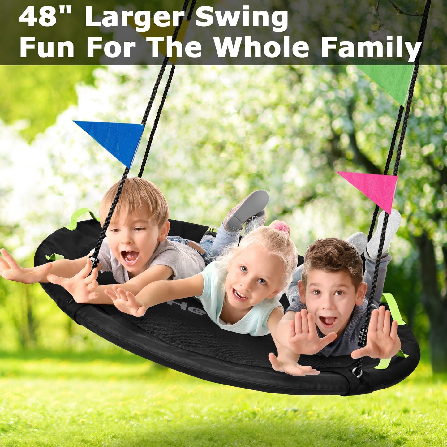 HeyZoo 48 Inch Tree Swing – Large Saucer Swing, 900lbs Capacity, Adjustable Straps, Outdoor Backyard, Black