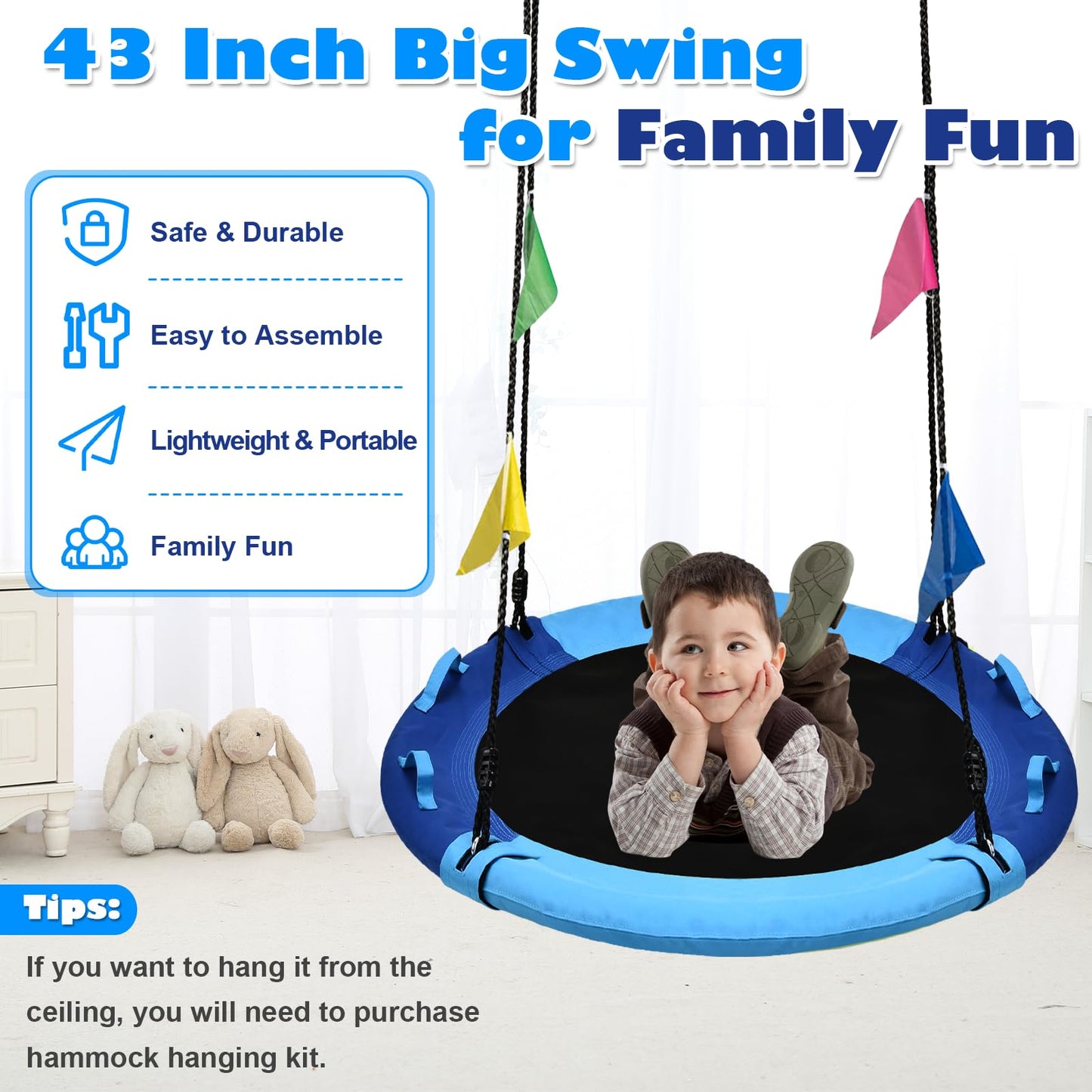 HeyZoo 43-Inch Saucer Swing — 900LBS Capacity, 360° Swivel, For Kids & Adults