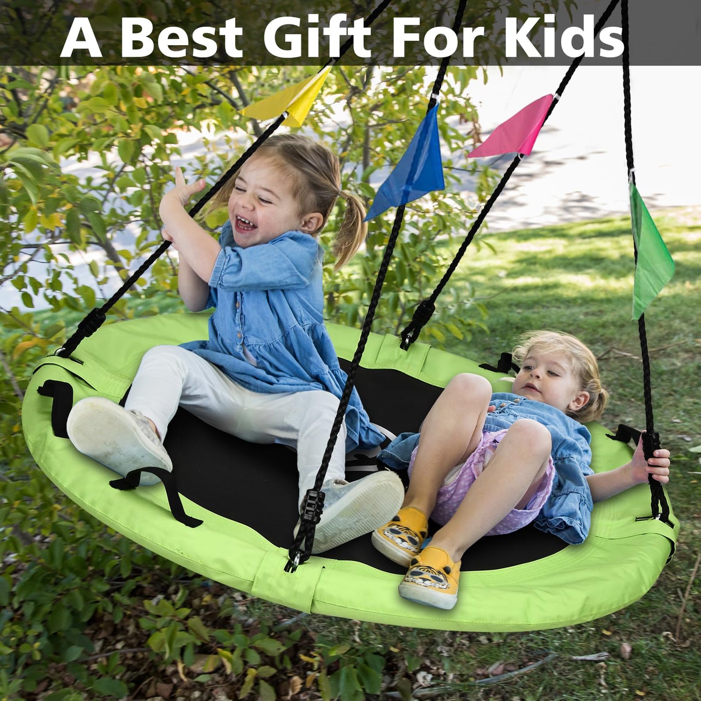 HeyZoo Tree Swing – 40 Inch Saucer Swing for Kids, 900 lbs Capacity, Adjustable Straps, Backyard Playground (Yellow-Green)