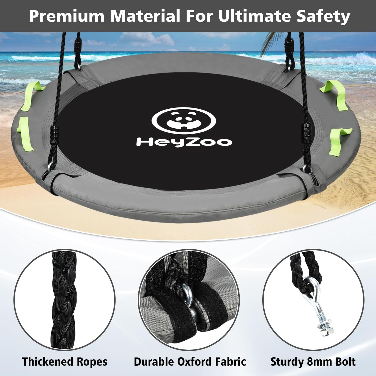 HeyZoo Tree Swing - 40 Inch Saucer Swing for Kids, 900lbs Capacity, Adjustable Straps, Gray