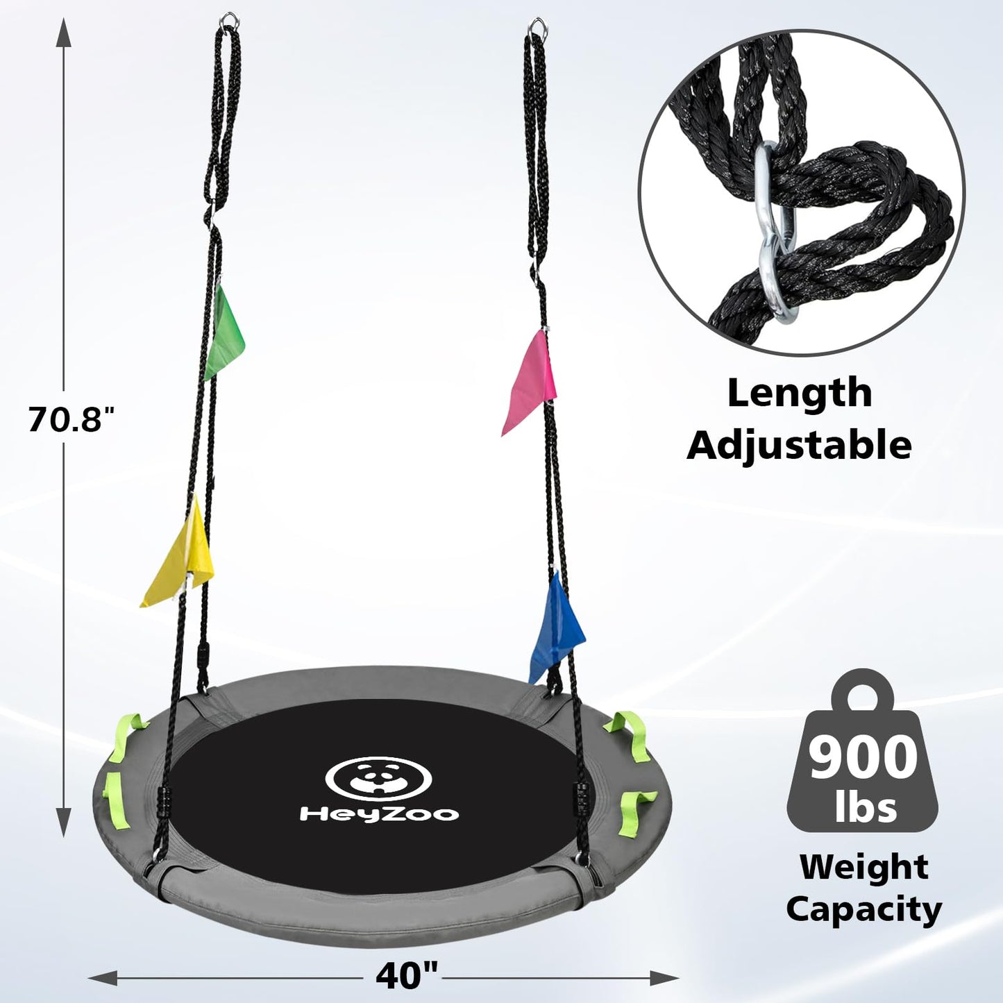 HeyZoo Tree Swing - 40 Inch Saucer Swing for Kids, 900lbs Capacity, Adjustable Straps, Gray