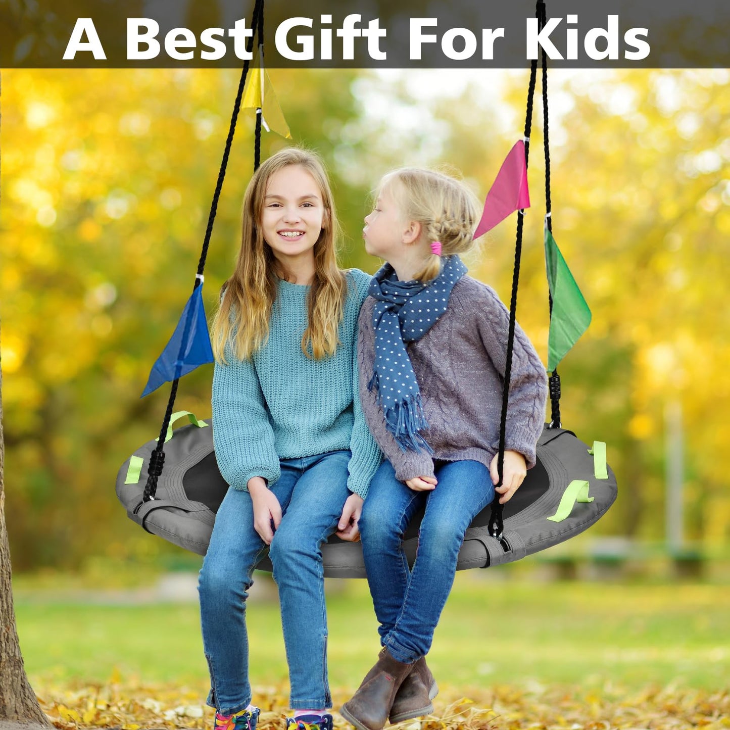 HeyZoo Tree Swing - 40 Inch Saucer Swing for Kids, 900lbs Capacity, Adjustable Straps, Gray