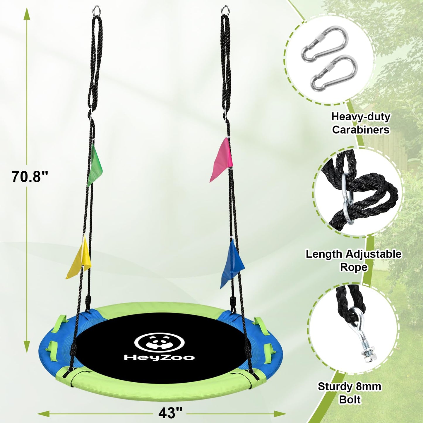 HeyZoo 43 Inch Saucer Swing – 900 lbs Capacity, 360° Swivel, All-Weather Outdoor Swing (Green/Blue)