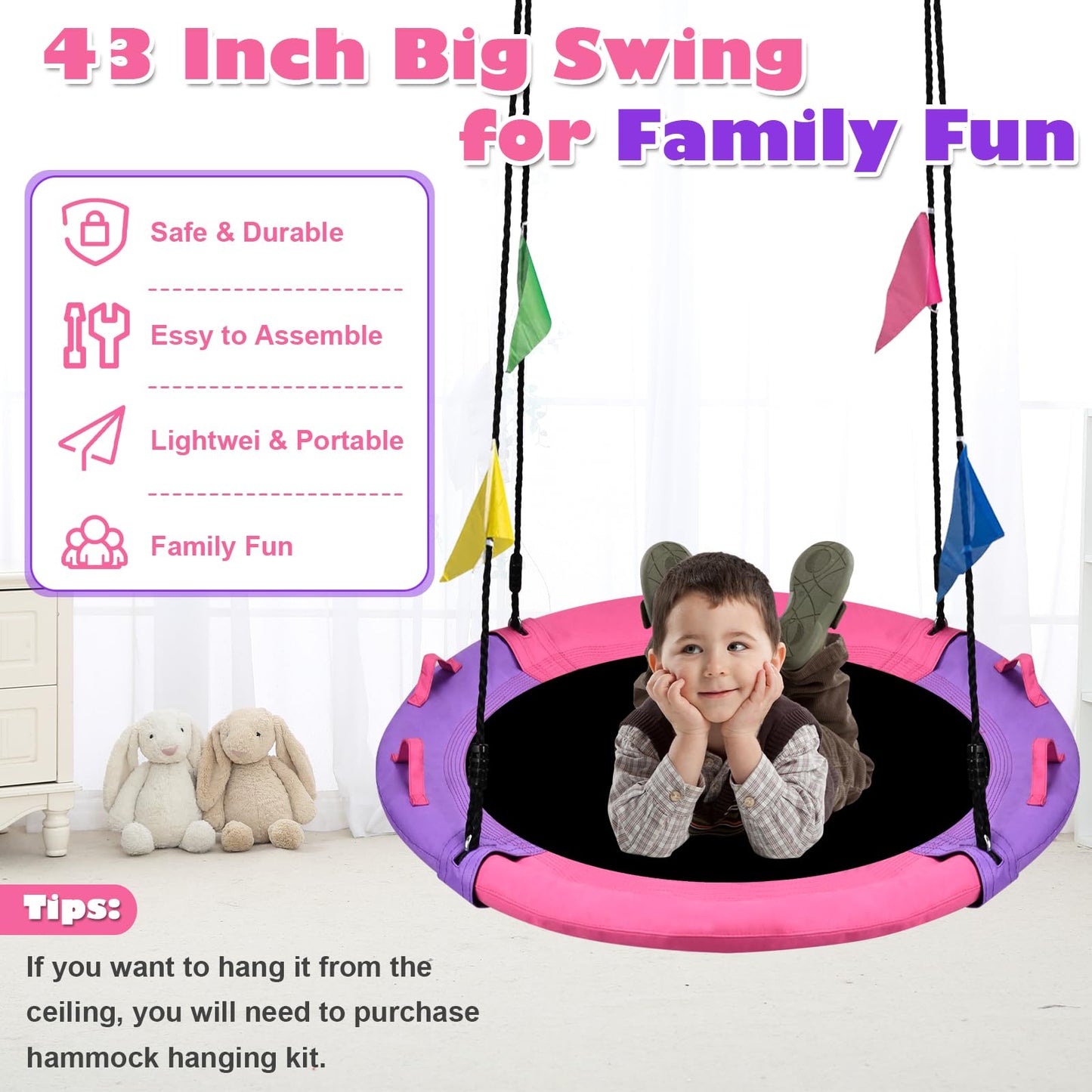 HeyZoo 43-Inch Saucer Swing – 900 lbs Capacity, 360° Swivel, Pink & Purple