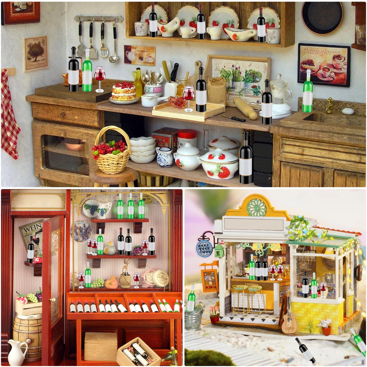HFAYDZSW 24 Pcs Mini Wine Bottles & 12 Mini Glasses — 1:12 Dollhouse Drinkware Set