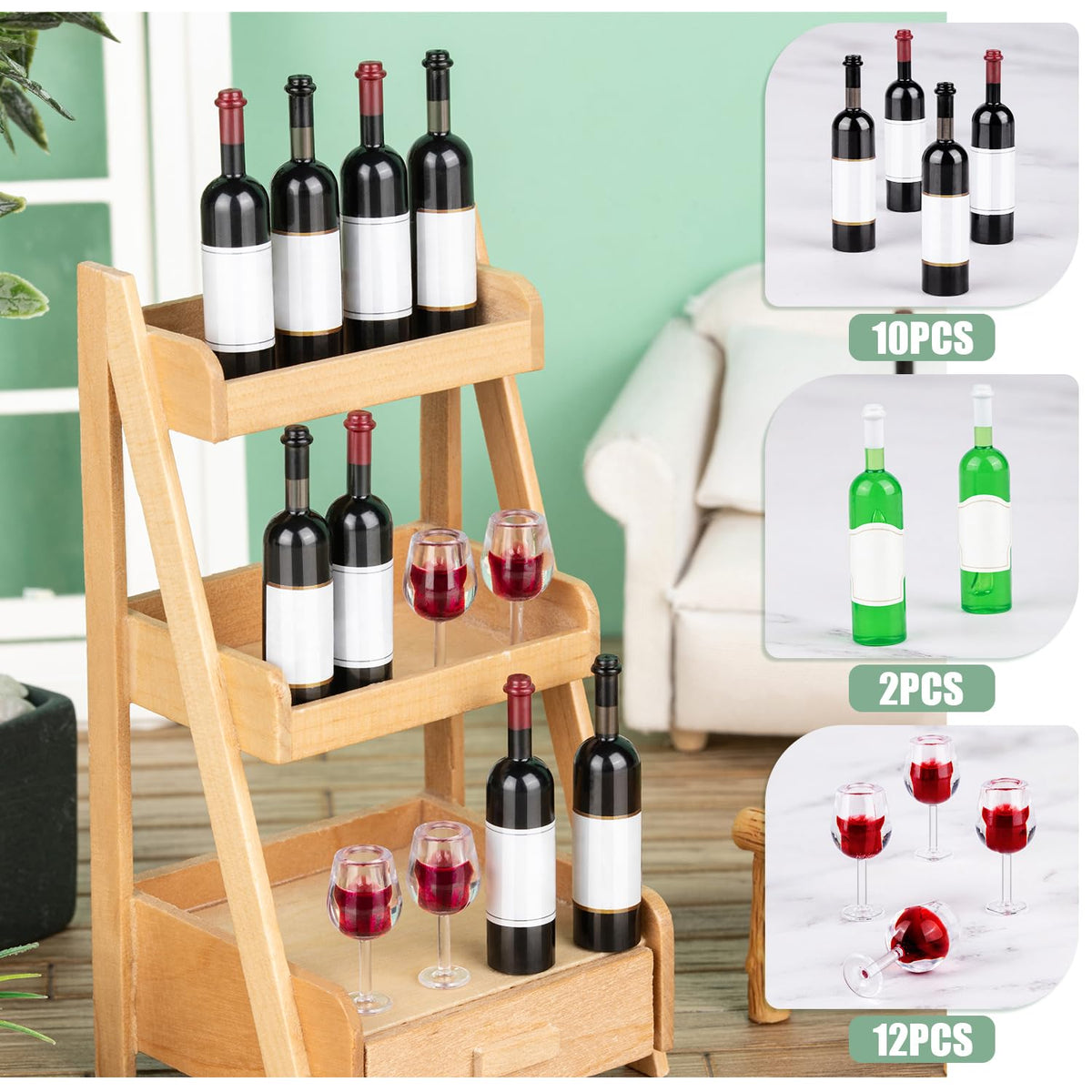 HFAYDZSW 24 Pcs Mini Wine Bottles & 12 Mini Glasses — 1:12 Dollhouse Drinkware Set