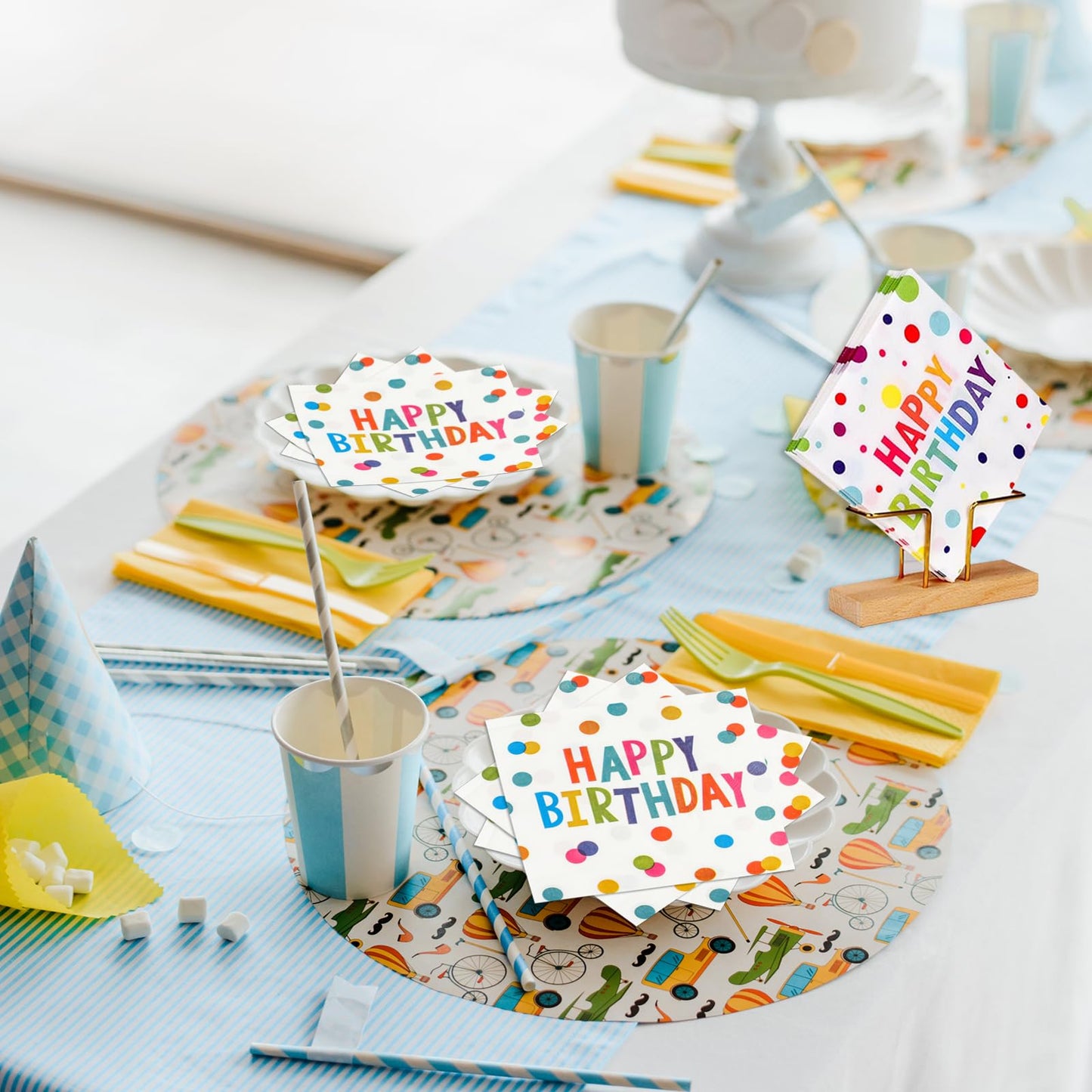 HFBOBP 50PCS Happy Birthday Paper Napkins – 13 x 13 Inches, Colorful Dots, Disposable Party Decor