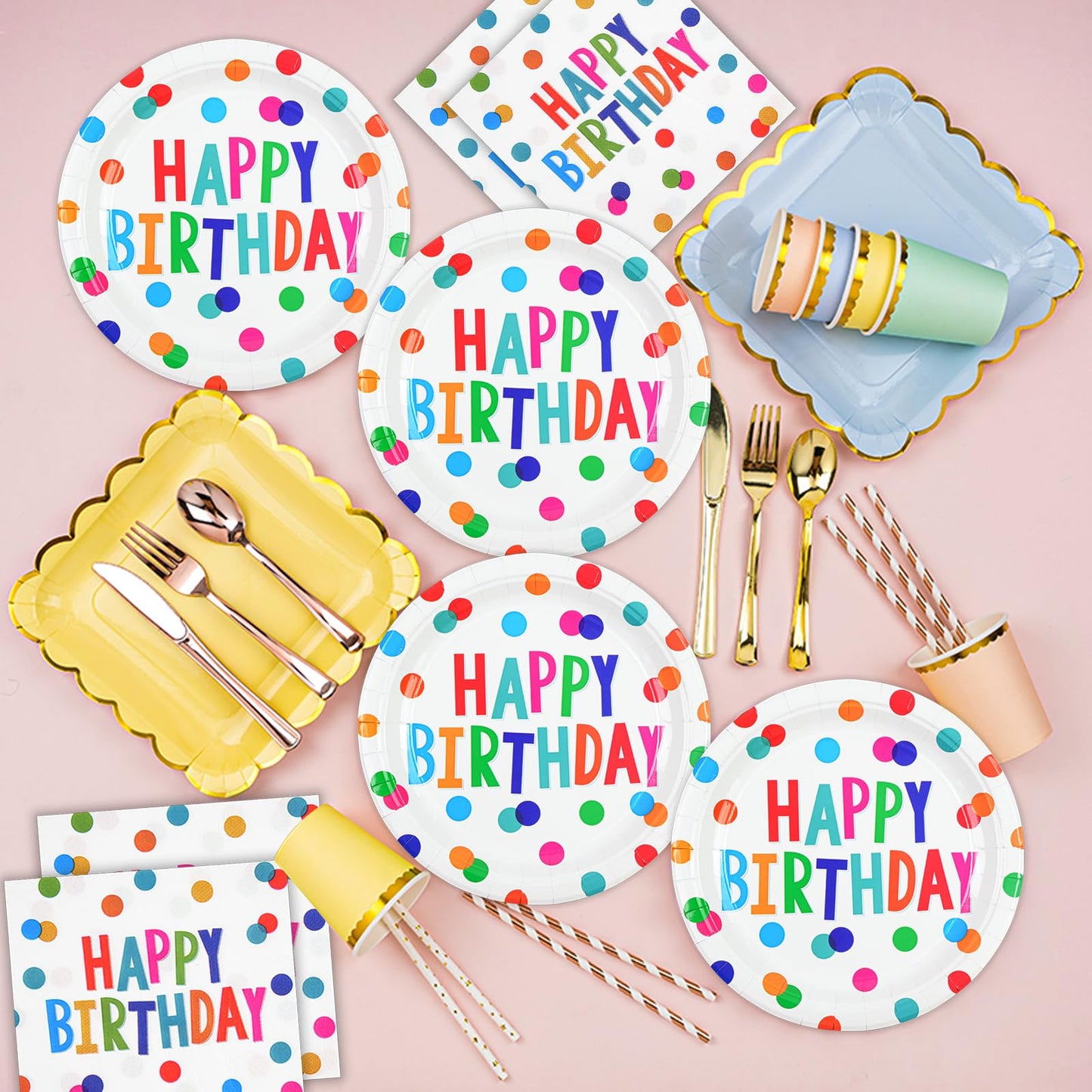 HFBOBP 50Pcs Birthday Plates & Napkins Set — Colorful Dots 7in Dessert Plates