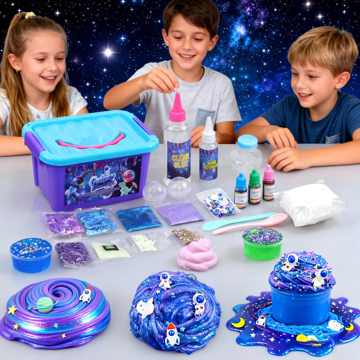 HFCHUPIN Mini Galaxy Slime Kit – Glittery, Crunchy Slime Set with Glow-in-The-Dark Stickers