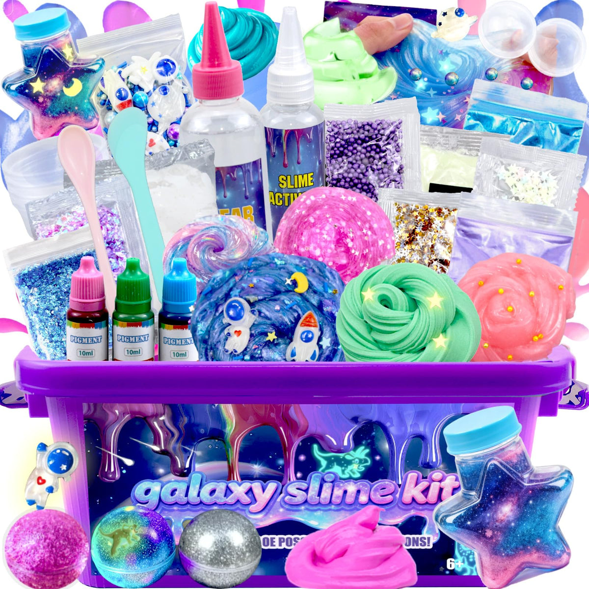 HFCHUPIN Mini Galaxy Slime Kit – Glittery, Crunchy Slime Set with Glow-in-The-Dark Stickers