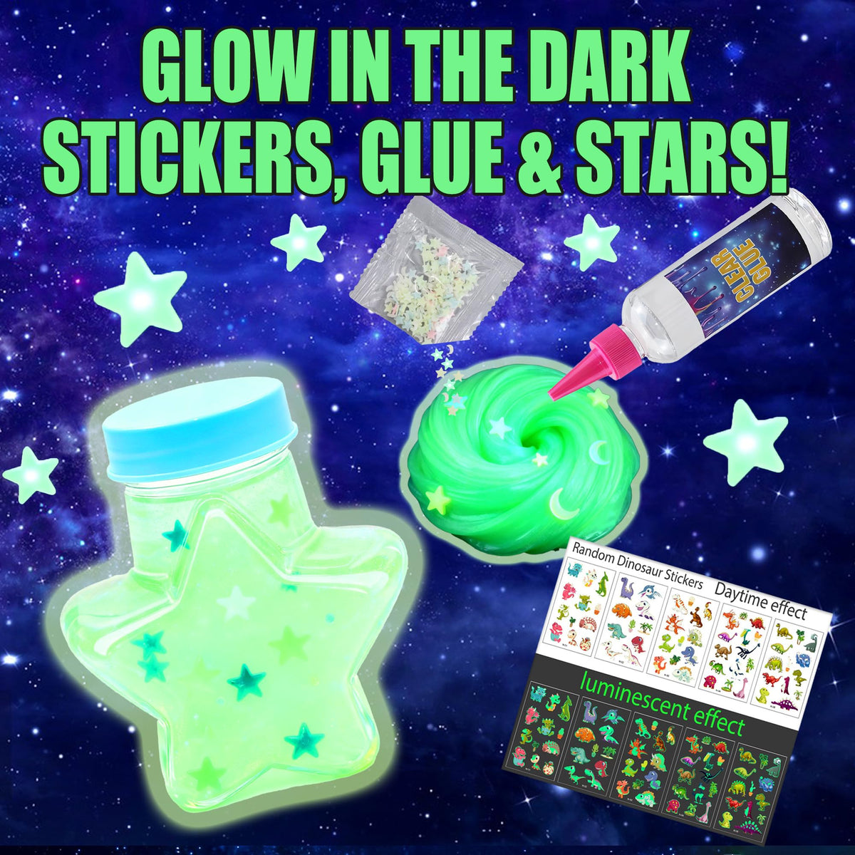 HFCHUPIN Mini Galaxy Slime Kit – Glittery, Crunchy Slime Set with Glow-in-The-Dark Stickers