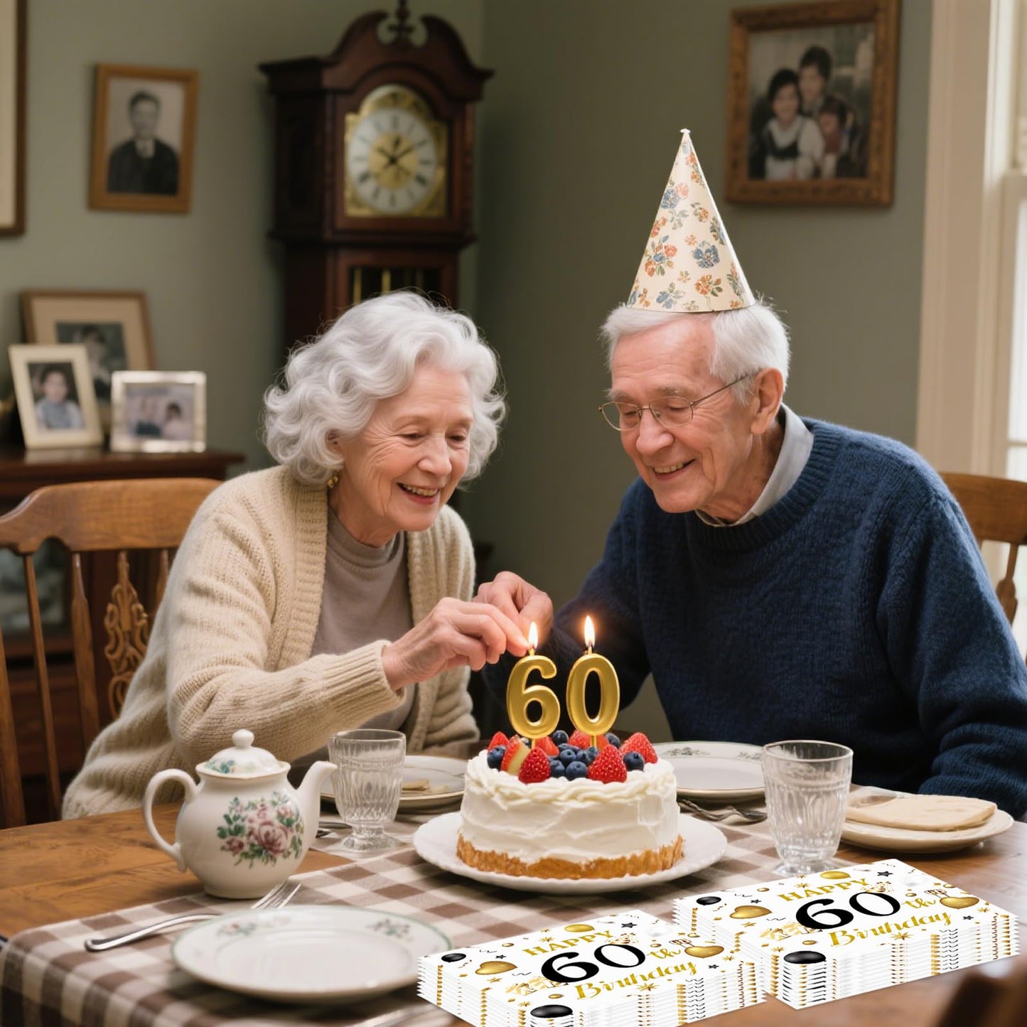 HFBOBP 60th Birthday Napkins – White & Gold, 50 Pack, 13x13 in