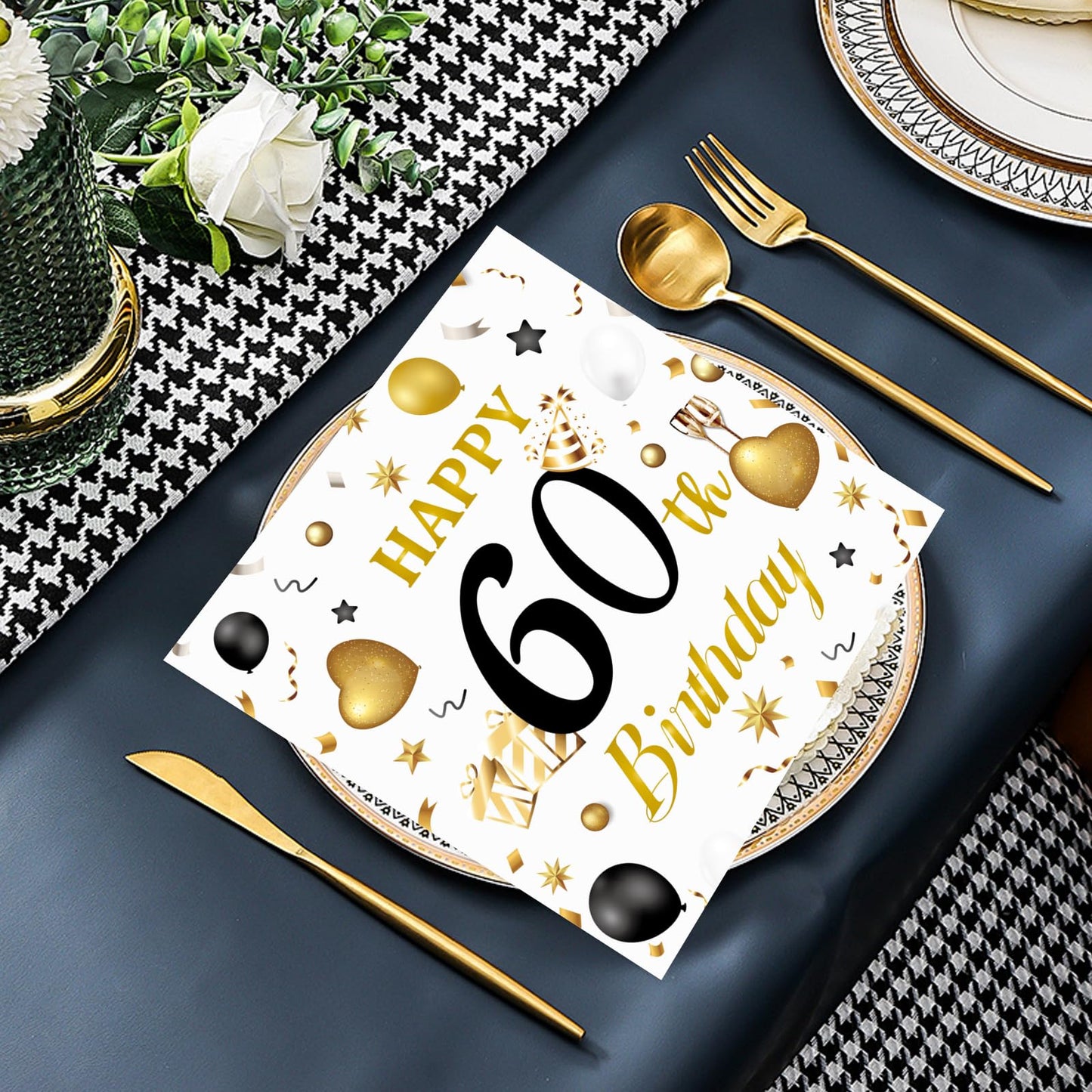 HFBOBP 60th Birthday Napkins – White & Gold, 50 Pack, 13x13 in