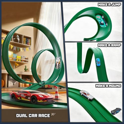 HGEVFL 15.75 Ft Flex Track for Kids – Roll-Up Portable Race Track, 4 Cars, Green