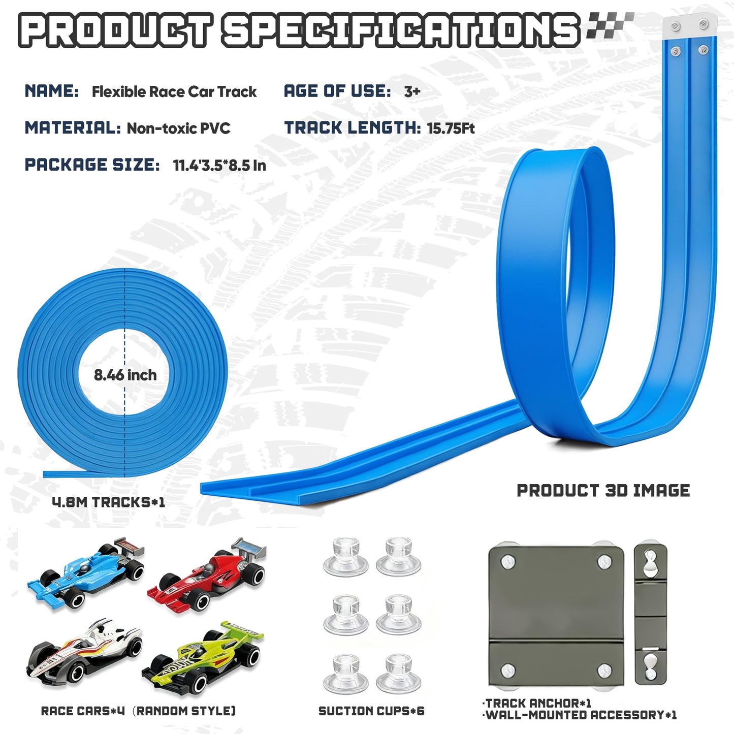 HGEVFL 15.75 Ft Flex Track for Kids – Roll-Up Race Track with 4 Cars, Suction Cups & Anchors (Blue)