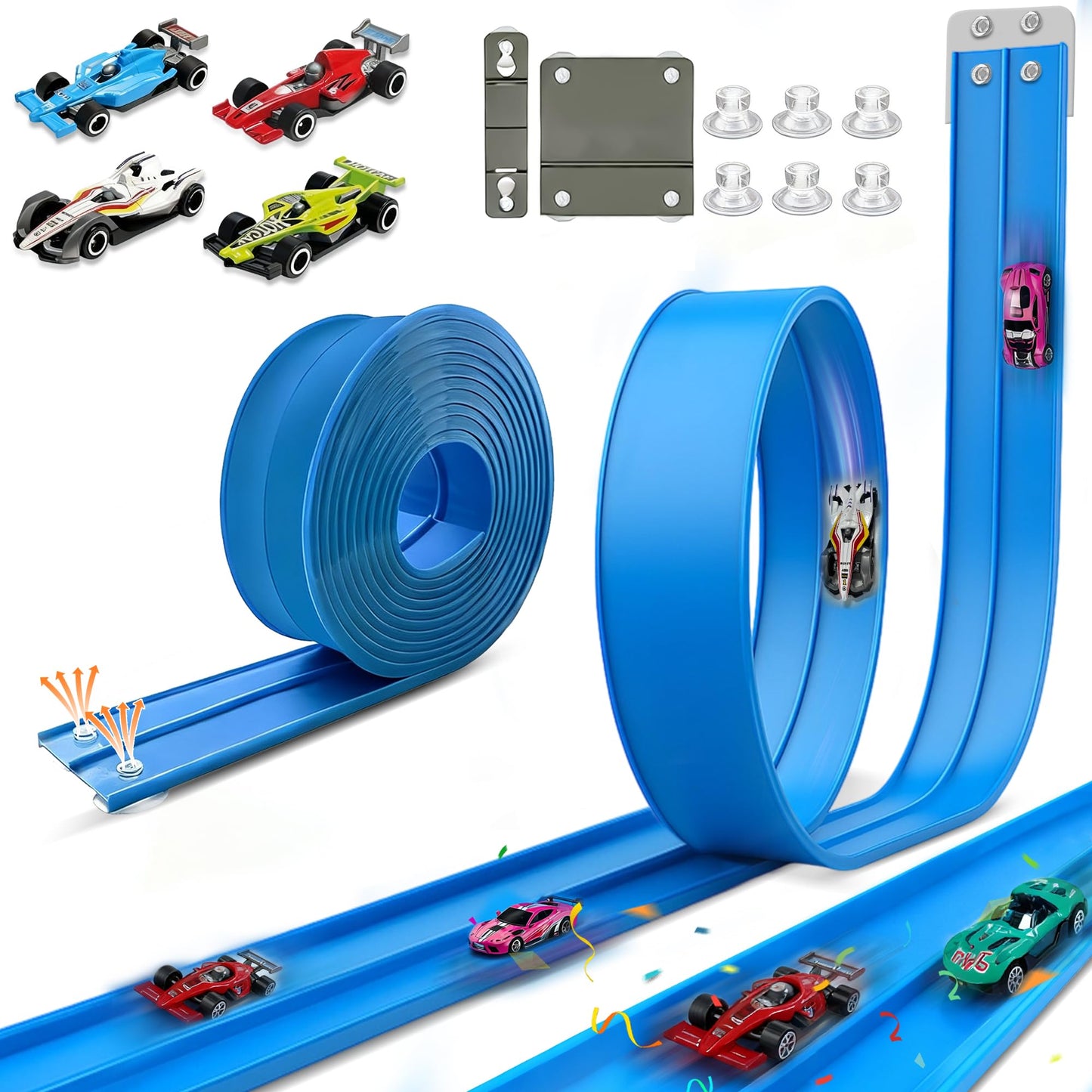 HGEVFL 15.75 Ft Flex Track for Kids – Roll-Up Race Track with 4 Cars, Suction Cups & Anchors (Blue)
