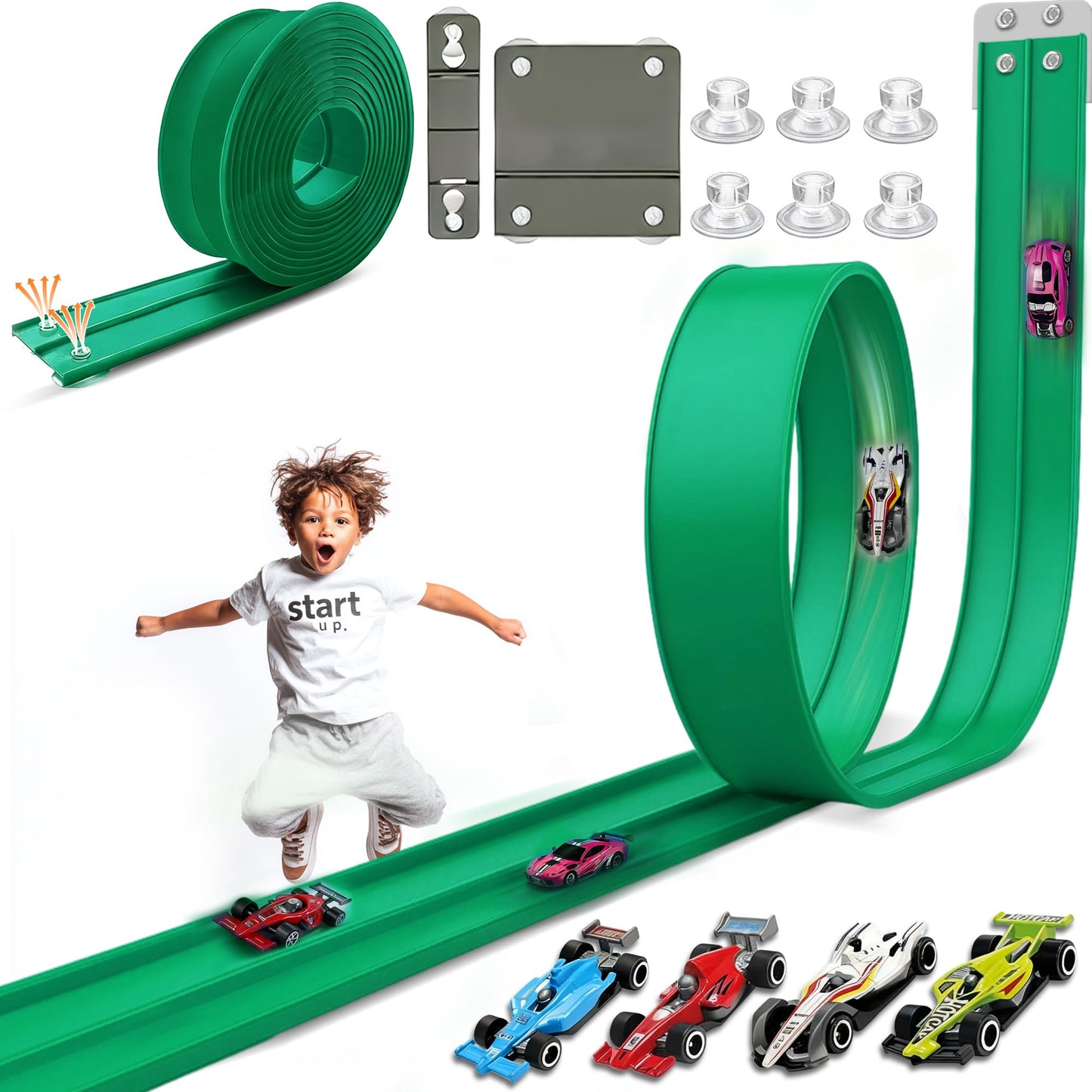 HGEVFL 15.75 Ft Flex Track for Kids – Roll-Up Portable Race Track, 4 Cars, Green